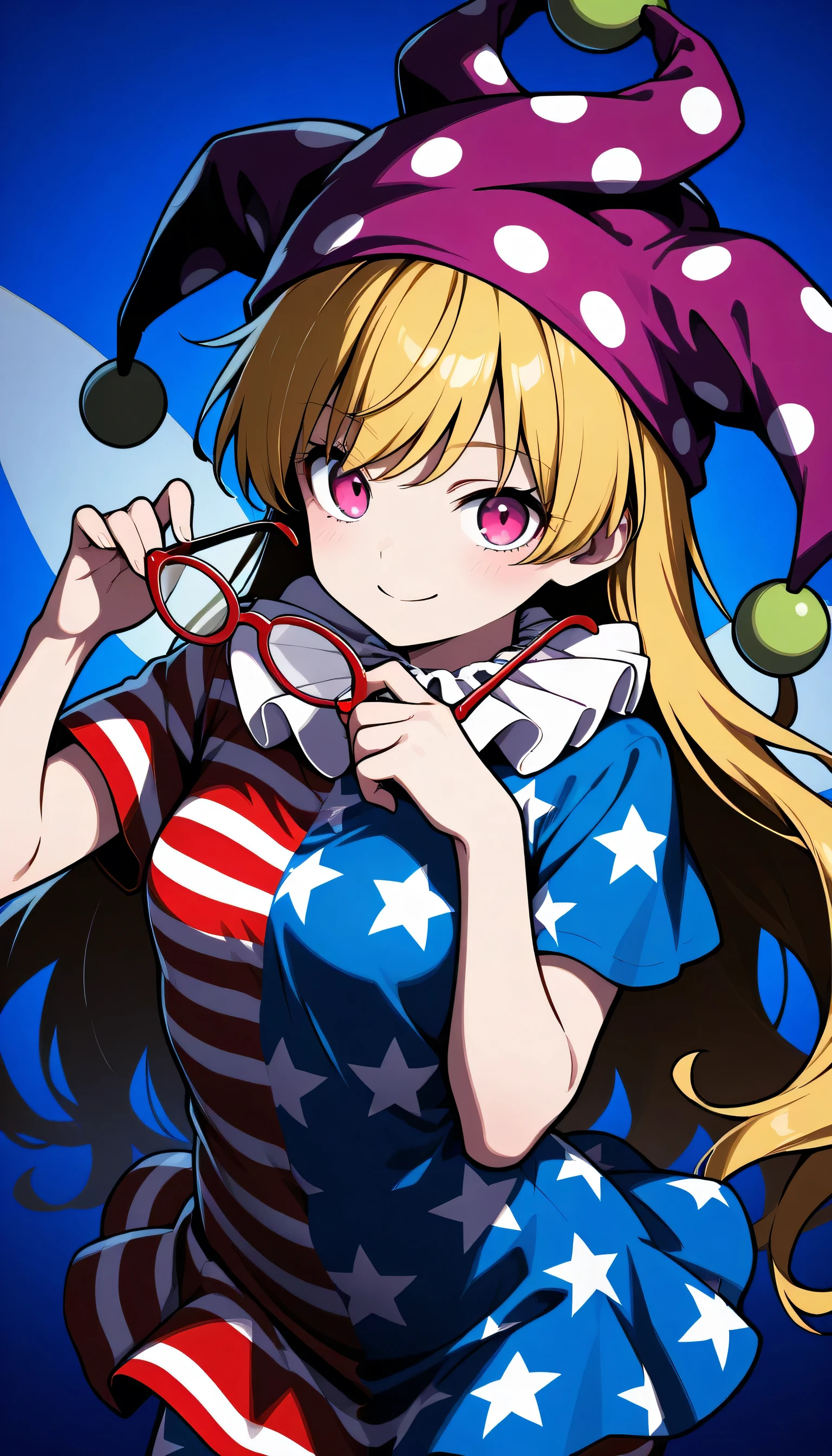 Give your images flat even illumination (negative) or dramatic chiaroscuro lighting (positive).1girl, , solo, ,, , looking_at_viewer, smile, , glasses, red-framed_eyewear, holding, upper_body, blue_background, bangs, , holding_eyewear, , , closed_mouth, breasts,clownpiece, 1girl, solo, pink eyes, blonde hair, long hair, fairy wings,
jester cap, polka dot, inverted american flag legwear, american flag dress, star print, pantyhose, striped clothes,