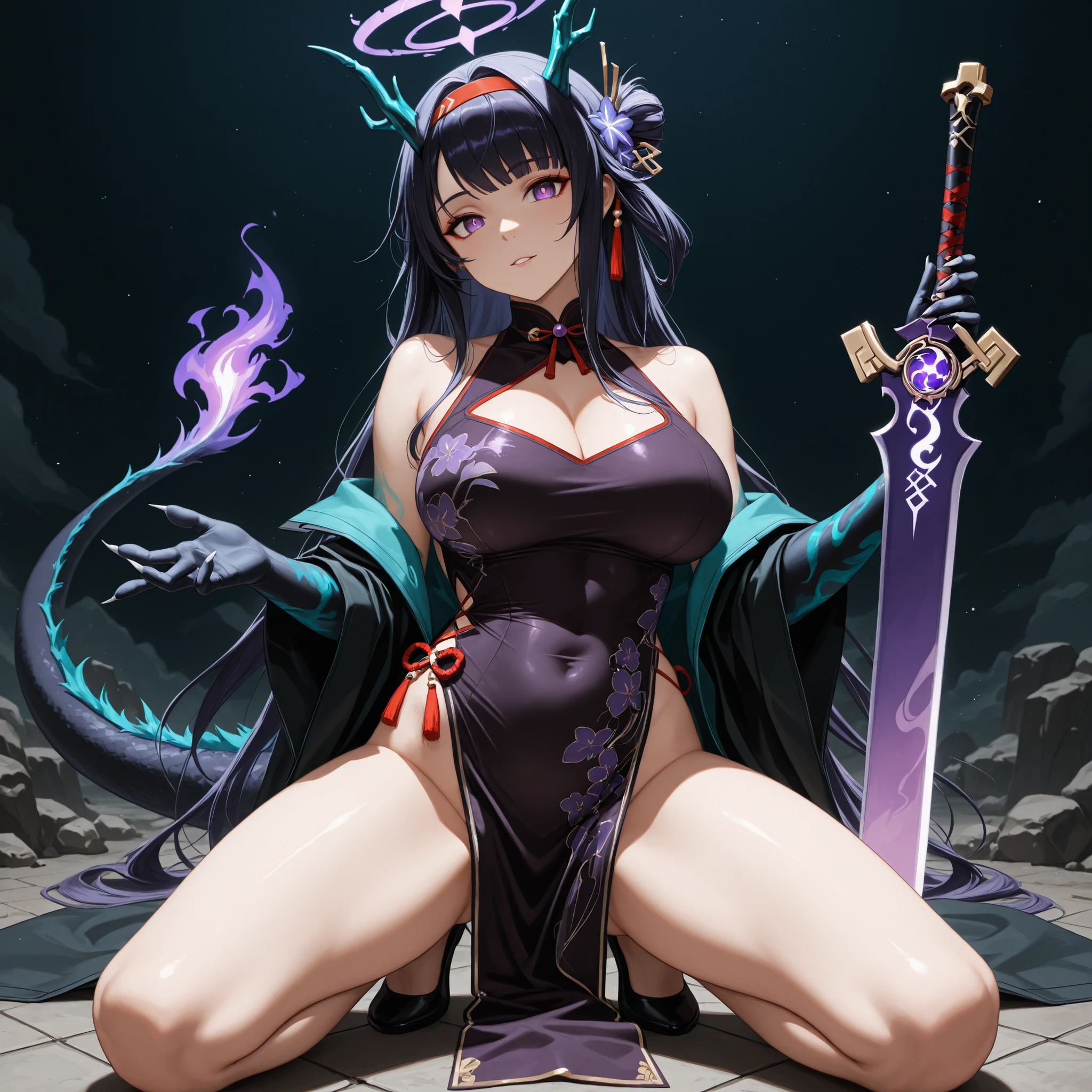 Sozinho, 1 , facing the viewer, cabelo roxo, Konno Yuuki hairstyle from "Sword Art Online", hair band must be in the color black, black hair band, Halo of Asuna Ichinose of "Blue Archive" (na cor roxa, strong and flashy purple), Raiden Shogun's face from "Genshin Impact", body of Raiden Shogun of "Genshin Impact", flashy purple eyes, Long FRINGE, Perfect Anatomy, estudante, long black horns designed by Nian from "arknights", face feroz, dragon tail in black color, purple flame at the tip of the tail, young girl , perfect body, jovem, sensual, perfect and beautiful face, tail must be black;
A black coat like Dusk with "Arknights", sexy black Chinese dress (dress must be black), exposed arms, arms black with purple spots, hands with claws, black hands with purple spots, black tail with purple flame at the tip;
facing the viewer, cara a cara, fundo preto, sexy pose, big ass, big breasts;
Holding a heavy sword (giant sword) Nian style a from "Arknights" (but the sword must be a heavy sword, montante), black details on the sword, handle and sword protector must be black, black sword with purple blade, desenho de giant sword, Purple blade;
attack position, exposed shoulders and head, near the face , looking at the character, looking at the viewer, cara a cara, confiante, cute expression, dragon tail in black color, purple flame at the tip of the tail;
Pay attention to the necessary colors, , maximum resolution ;
uma imagem +18, A sexy image;
