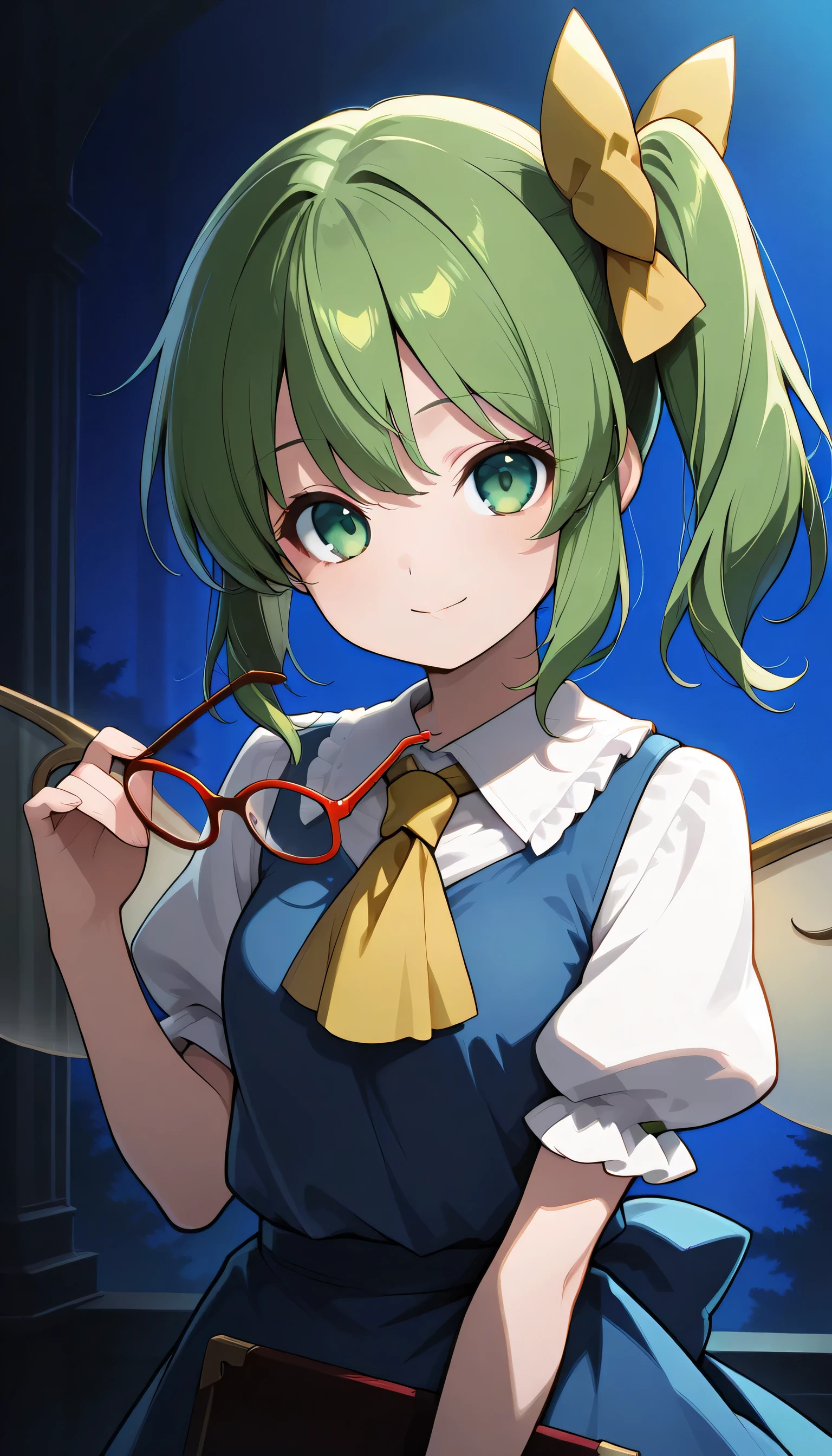 Give your images flat even illumination (negative) or dramatic chiaroscuro lighting (positive).1girl, , solo, ,, , looking_at_viewer, smile, , glasses, red-framed_eyewear, holding, upper_body,  blue_background, bangs, , holding_eyewear, , , closed_mouth, breasts,daiyousei, 1girl, solo, green hair, green eyes, hair bow, side ponytail, fairy wings,
hair ribbon, ascot, skirt, dress, puffy short sleeves, white shirt