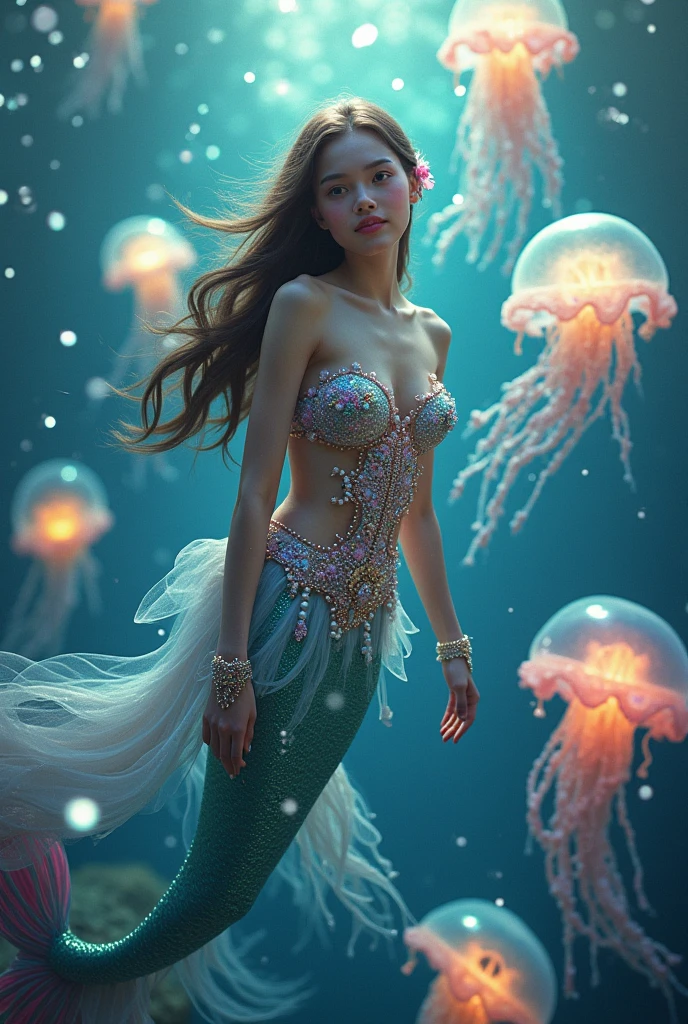 a beautiful woman, jellyfish dress, full body, looking at viewer,
tatto skin, fish scales, deep ocean, highly detailed,
Adrian Ghenie, Esao Andrews, Jenny Saville, Edward Hopper, James Jean, Takato Yamamoto,
masterpiece, ultra high res, high quality, 4k, photo, (photorealistic:1.2),