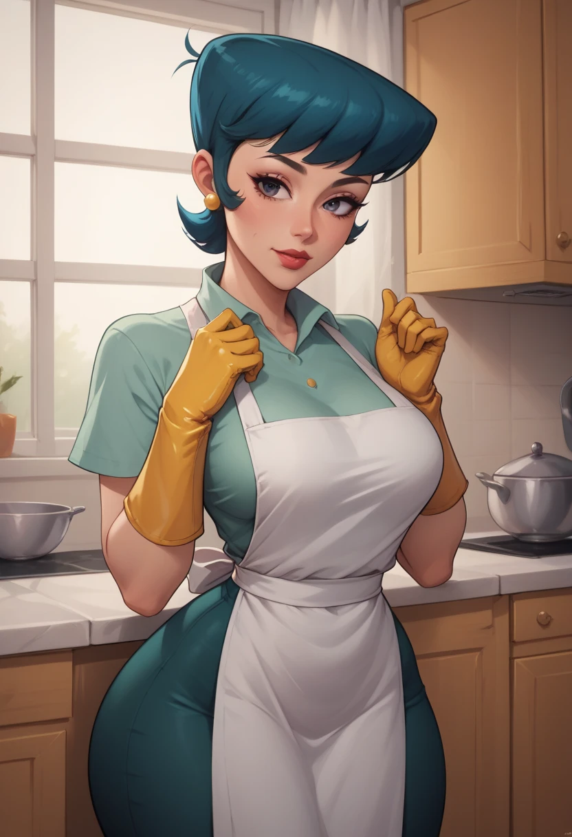 (High resolution,realist:1.2),beautiful,Cute mother and teenage son in a kitchen, mother with yellow gloves, mother with apron, mother with red and sexy underwear, lifts her skirt to show her underwear, sad look with tears.