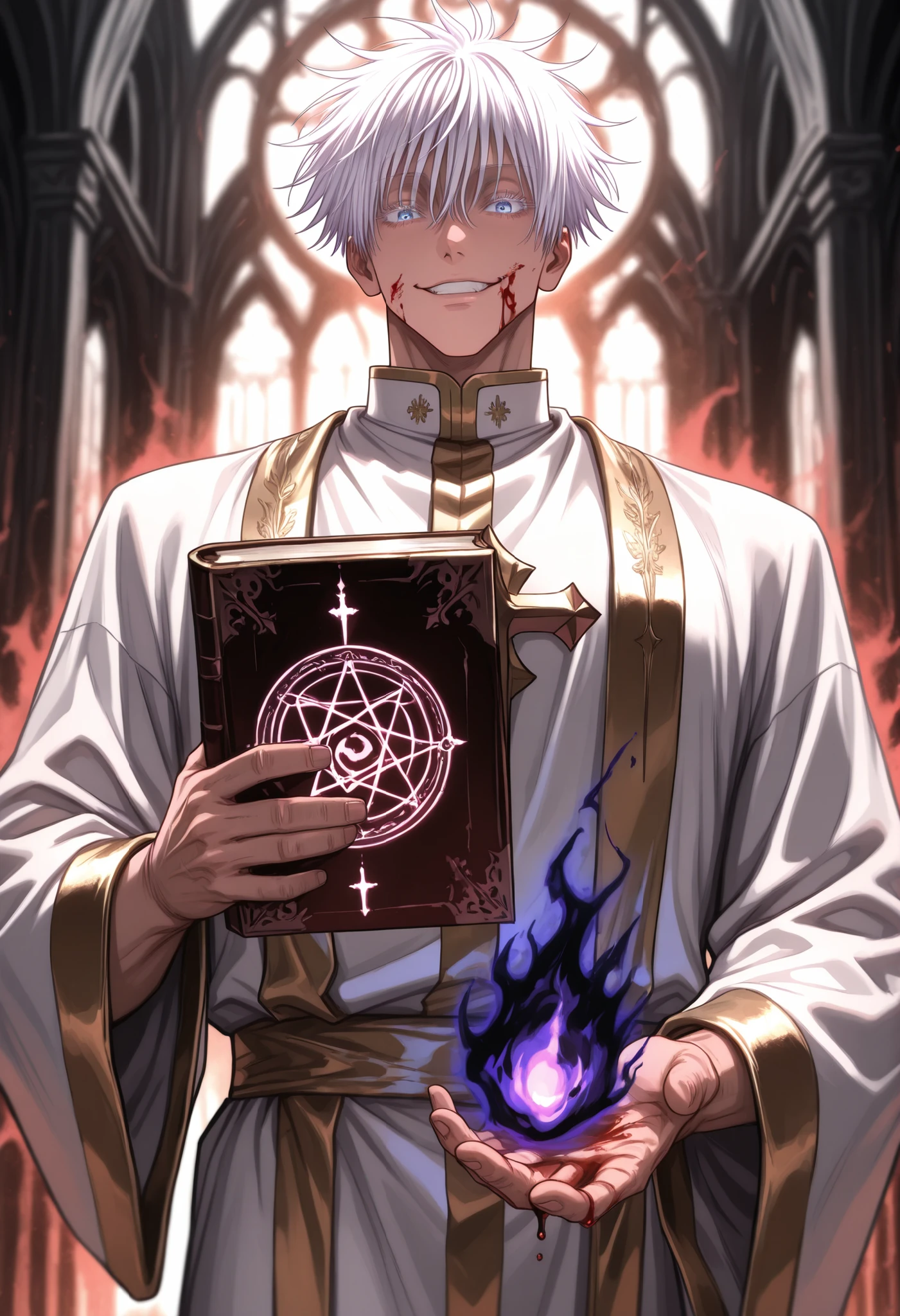 purple theme, pink theme, brown theme, black theme, grey theme, white, theme, violet theme, turquoise theme, maroon theme, gold theme, silver theme,, 1man, gojou satoru /(jujustu kaisen/), detailed eyes, blue eyes, white hair, short hair, detailed eyelashes, colored eyelashes, sexy man, trained body, muscular, handsome, cool, mature man
strong jaw, attractive, sexy, perfect eyes, depth of field, beautiful detailed eyes, game graphics looking at the viewer, dark church background, white robes, golden embroidery, cleric, priest, cross, long robe, lunatic, evil smile, evil eyes, mad, covered in blood, blood on face, blood on clothes, deranged, evil, shadows, blood aura, evil magic, dark magic, holding grimoire, casting spell, magic circle, blood on hands, blood splatter, wind, blood runes, black fire,