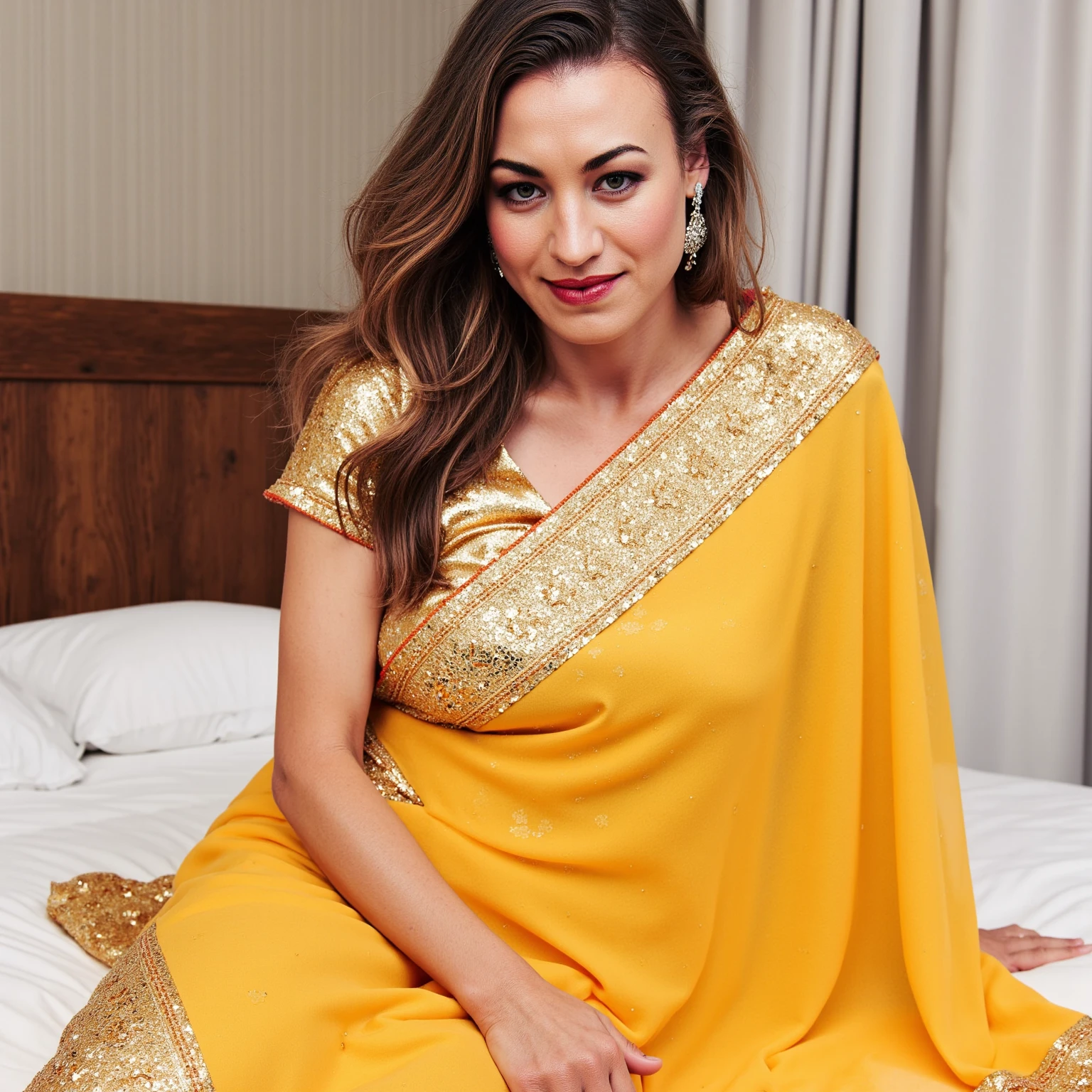 A curvy chubby figure muslim woman stands indoors, near a bed in a room with wooden accents. She is wearing intricate red salwar suit with heart designs and has a gauzy, gold-embroidered shawl draped over her head and shoulders. She has long, manicured nails and wears several pieces of jewelry, including a nose ring, bracelets, and a ring on her finger. The ambient lighting, including a wall lamp, adds a warm glow to the scene.