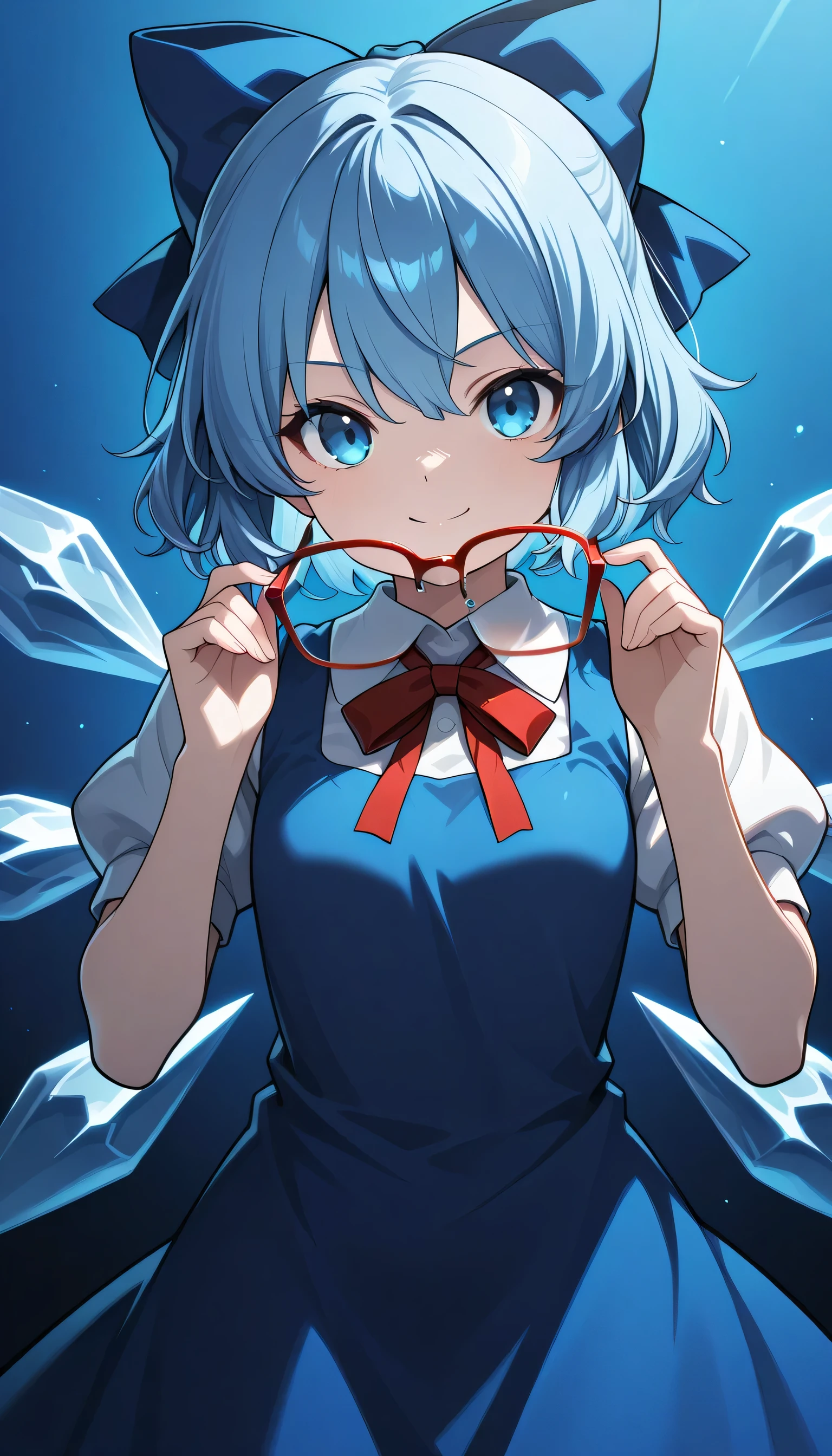 Give your images flat even illumination (negative) or dramatic chiaroscuro lighting (positive).1girl, , solo, ,, , looking_at_viewer, smile, , glasses, red-framed_eyewear, holding, upper_body, blue_background, bangs, , holding_eyewear, , , closed_mouth, breasts,cirno, 1girl, solo, blue eyes, blue hair, short hair, ice wings, ice,
bow, hair bow, dress, blue dress, short sleeves, blue bow, puffy sleeves, red ribbon,