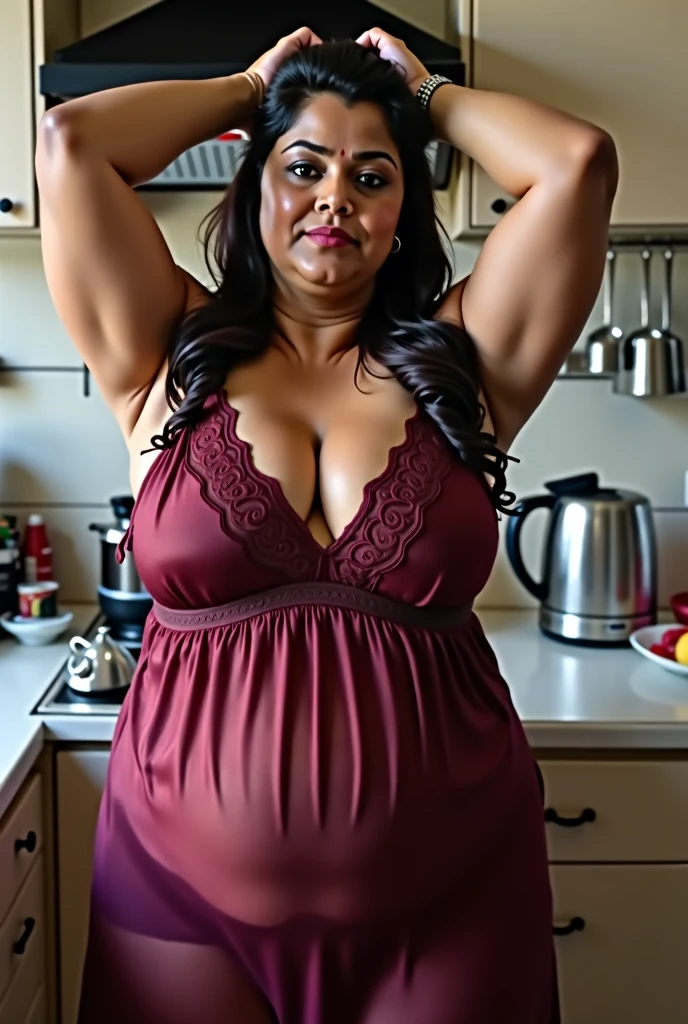 Chubby, busty, voluptuous, wearing tight red robe, mommy, covered in liquids, in the kitchen, cooking, from the side, seducing, horny, naughty, bursting clothes, dripping from mouth
