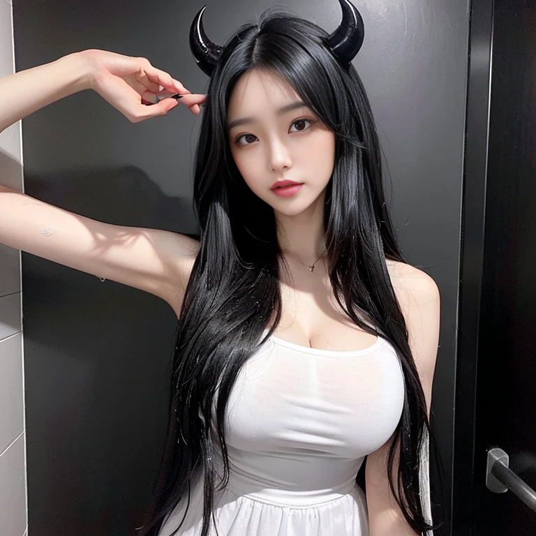 There was a woman taking a picture of herself,A woman in a black dress and corset, wearing a gothic dress, amouranth, mais conhecido como Amouranth, gothic clothing, wearing modern gothic clothes, young beautiful amouranth, frilly outfit, amouranth as a super villain, a asian beauty, Wear a tight corset, No chest baring,guard,succubus in tight kilt, fantasyoutfit