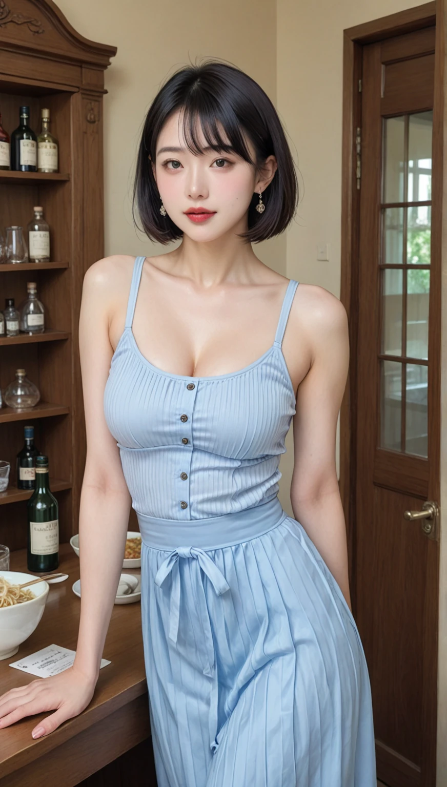 absurdres, RAW photo, extremely delicate and beautiful, masterpiece, Best Quality, ultra high resolution, 32k, hyperrealistic, ultra-detailed, perfect figure, Super Beauty, Perfect Style, Perfect balance, in her 20s, very small head, very small face, delicate facial features, tearful mole, earring, ((very huge breasts)), ((full body shot)), medium hair, black hair, Korean school_uniform, sleeveless,