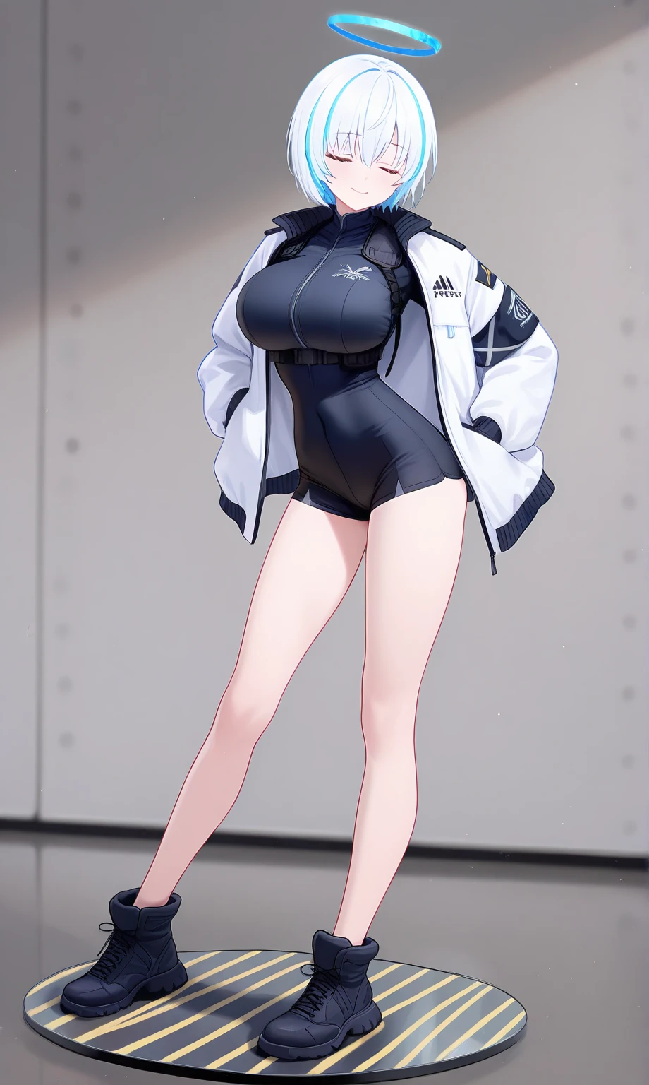 beautiful woman, short green hair, red pin, black hood, blac khalf-open jacket, half white half black bra, thight gym shorts, high knee black socks, high boots, long sleeve, rina shinomyia, a anime picture of a woman in a black and white outfit, an anime drawing, shin hanga, wearing black tight clothing, skintight black clothes, anime full body illustration, full body shot from head to toe
