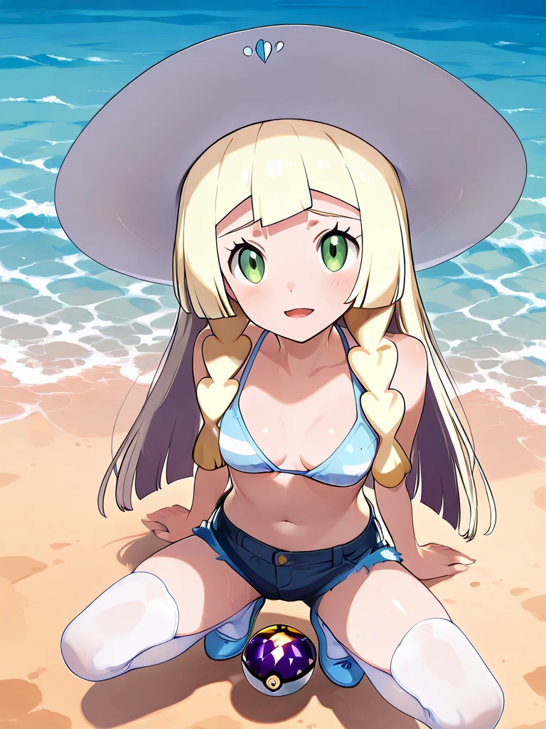 nsfw,1 person,Sweat,White Breath,solo,,Pokémon,Lillie,Groin bulge,bikini,Swimwear,Valley visible,Leaning forward