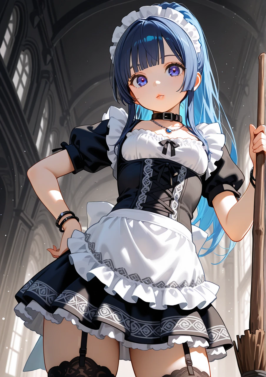 masterpiece, ultra detailed, 8k portrait, RAW photo, portrait photography, highly detailed face, beautiful and meticulous eyes, dark blue hair, long hair, blue eyes, white hair ribbon, (dark blue French maid costume:1.5), white tights, half boots, spread legs, standing, (holding a long sword:1.5), by the old castle, in mid night, from below, cameltoe
