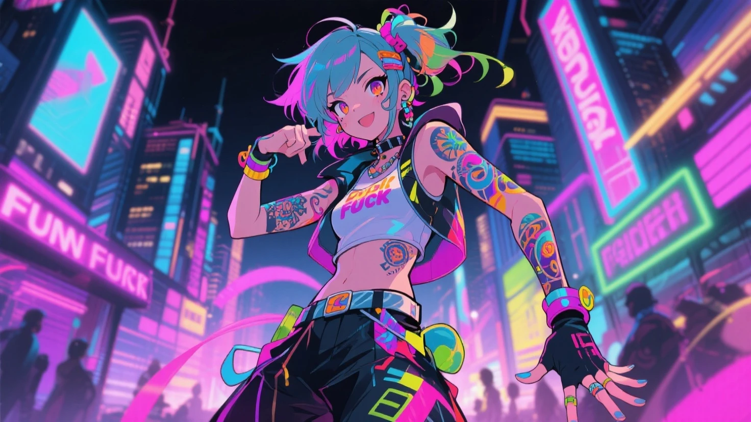 1, no clube, Estilo cyberpunk, rainbow hair, sorriso maldoso, segurando uma katana, High cut swimsuit, pupilas amarelas,, cybernetic skin, jaqueta samurai