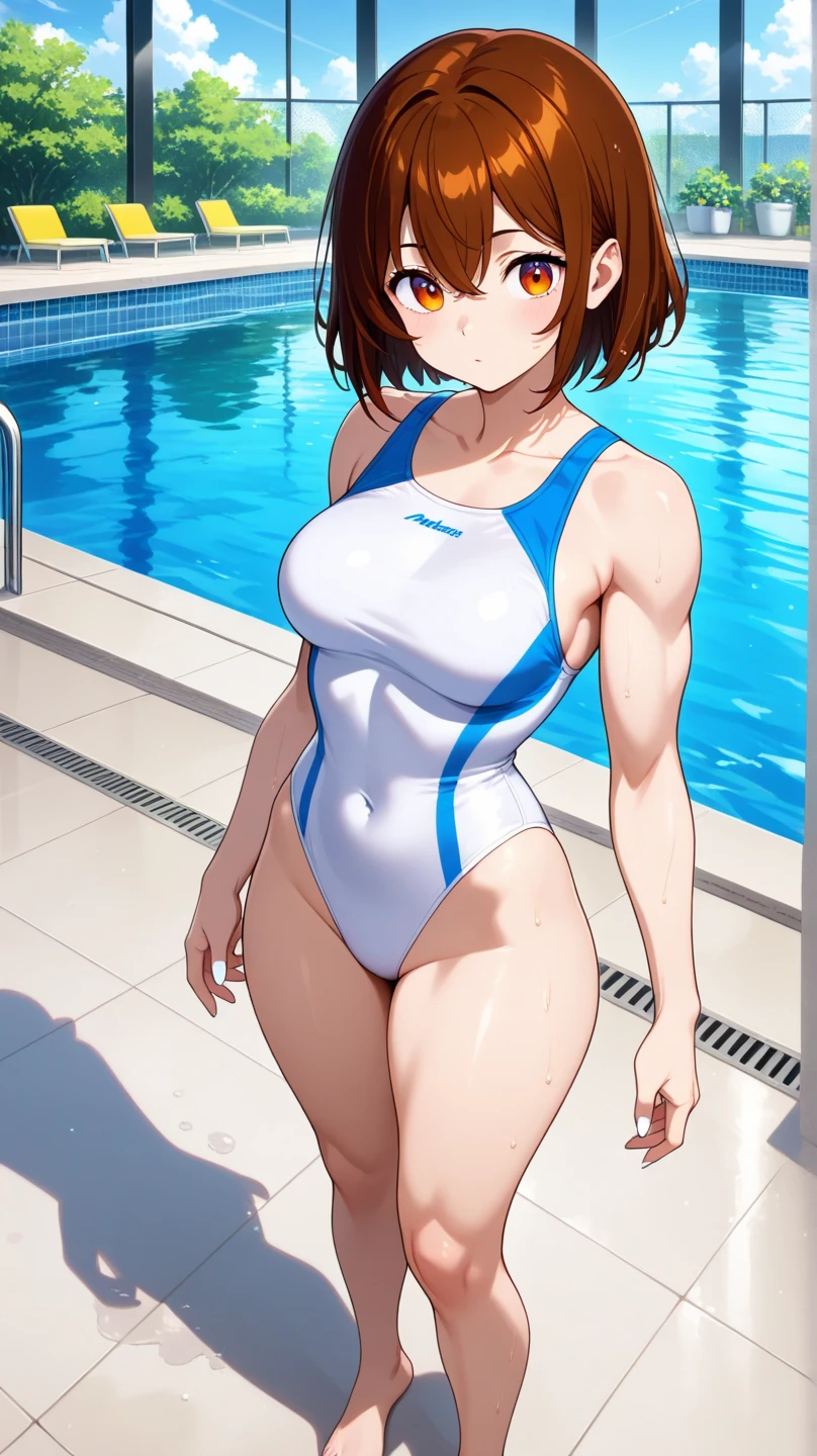 masterpiece, best quality, ultra-detailed, Potrait of beautiful , (chubby) (muscular), (plump), (sexly), (cleavage), ((tomboy)), (アニメ), (Breasts), (Plump), ((very short hair)), ((Uzaki Hana)), (overweight), (Gray Hair), ((Saggy breasts)), (blue eyes), (Short Hair), (blue eyes), ((thick)), (naked), (Nude), (Smelly body), (Sweaty body), (nipple), (arms up), (side), (Poolside), (両方のsideが見える), ((恥ずかしくてLook Away)), (school swimsuits), (School Swimsuit), (Look Away),