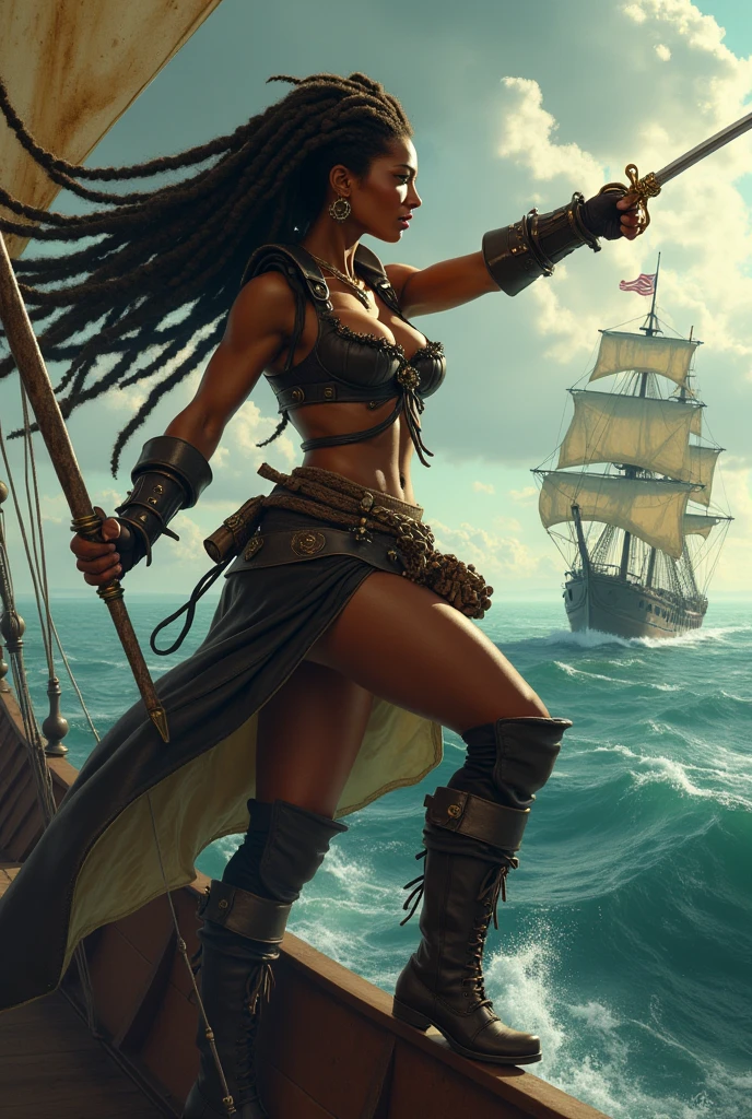 (((multi-person interaction, with men and women))), (highly detailed RAW color photos, ridiculous resolution, high resolution, super detailed), ((r 9 6 angles)), dark skin, handsome, fearless and brave expression, mature, thin shoulders, very thin body, black captive dark pirate hat, white dirty braids, vibrant green eyes, (detailed eyes and detailed face), extremely detailed 8k photo, (full body: 0.9), beautiful woman, outboard, offboard background, detailed face, (Medieval Fantasy Theme: 1.3), Light Blue Pirate Theme Armor with Highly Intricate Details, Blue Pants, Ship in the Background, Inside the Ship, Deck of the Ship, Inspired by Dungeons & Dragons, Digital Artwork, Surreal, Photography, Soft Lighting, Soft Detail, Octane, ArtStation Trend, Ultra High Detail, Surreal, Movie, 16k,
