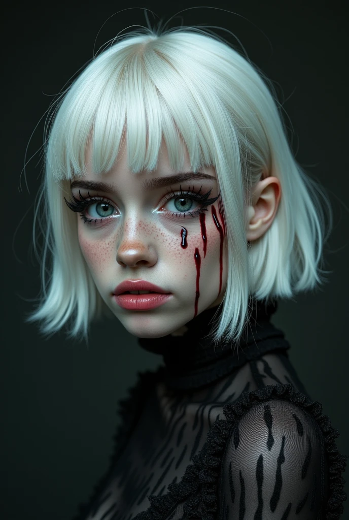 Beautiful girl con cabello blanco, black suit and tie and halloween makeup 