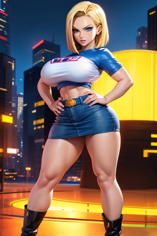8K, ultra HD, super details, high qualiy, high resolution. Heroine Mist Looks Gorgeous in Full-Body Photo, her body is sculptural. your bright blue eyes hypnotize everyone. She is wearing a yellow mini top, a pair of denim shorts with a red suspender. She looks very sexy, drawing attention to her big breasts and thick legs.
