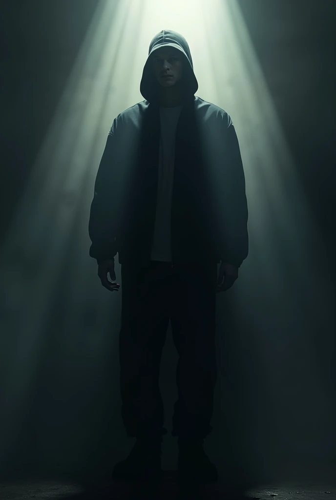 32K, Masterpiece, cinematic lighting, ((monochrome)), (red shading), perfect shading, art station enhanced, visually arresting photograph of <lora:jaydenmv1:1> jaydenm, short hair, mole, (red iris), red eyes, sweatpants, sweatshirt with hood,