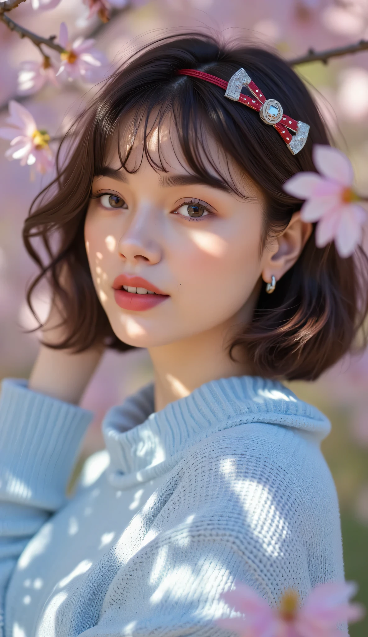 1 woman, elegant pose beauty smile, depth of field, first-person view, f/1.8, 135mm, Nikon, UHD, retina, masterpiece, ccurate, anatomically correct, textured skin, super detail, high details, high quality, best quality, highres, 1080P, HD, 4K, 8k . Mature plump muscle Woman, ( detailed description of hair ), (Detailed description of the face), (Detailed description of the body), high definition , masterpiece, top quality, high detail, formal: 1.4), ( realistic : 1.2, 超 realistic な: 1.1, Realistic: 1.37), ( sharp focus : 1.4), depth of field, physically-based rendering , sadistic, unrivaled beauty , (Ultimate beauty), (lipstick:1.1), (55 years old,: 1.4), Japanese、(( Closeup ))、 fine lines of laughter :1.2、((ribbed sweater in lightblue have written brand "sweety:1.2)),(( standing on the cherry blosson background))、((bob hair with bangs have ornate cliphair and red white polkadot headband ribbon))、