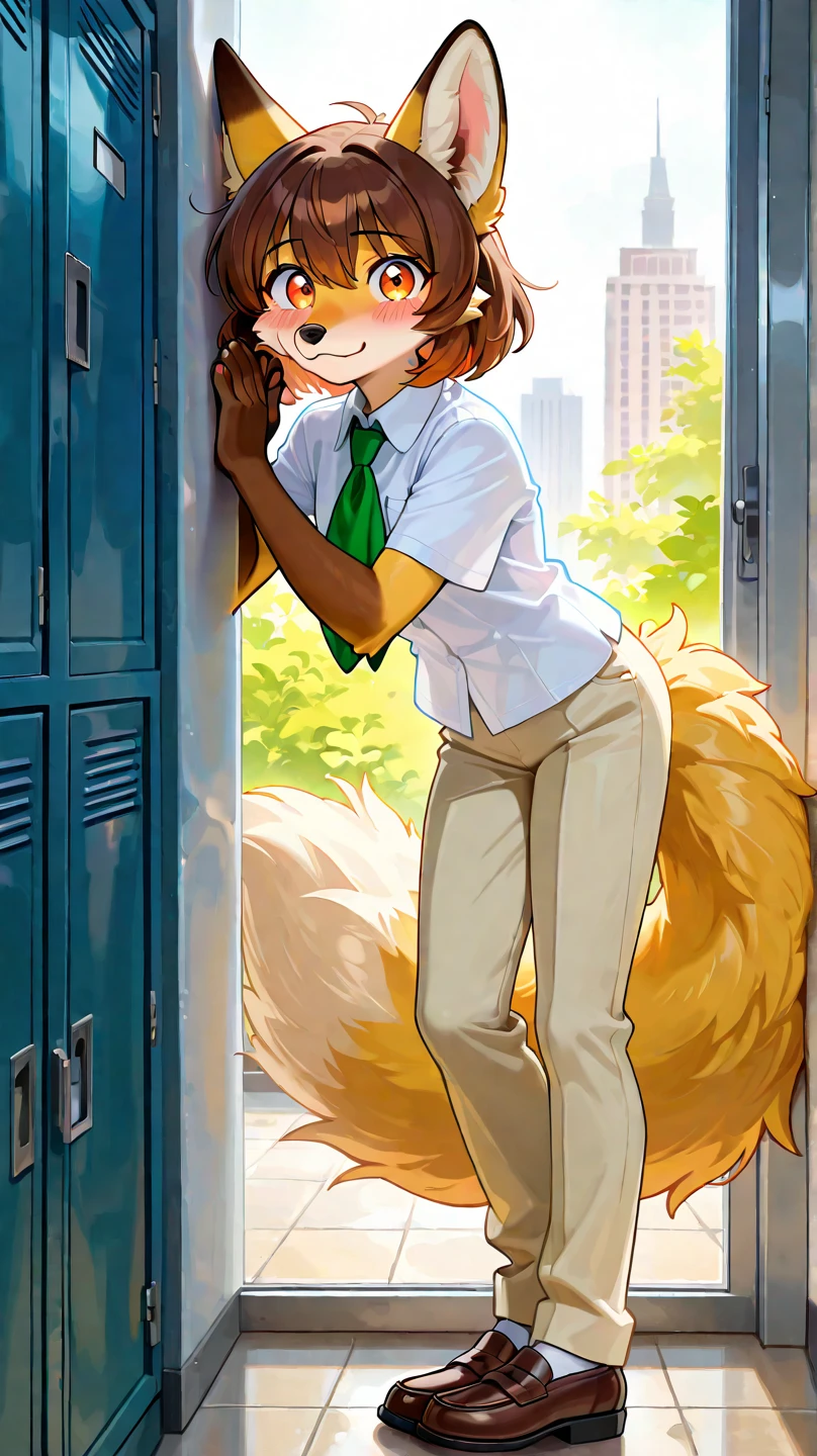 boy, bear, furry, bodyfur, blazer, yellow tights, gloves, boots, school, looking back, kneeling, fart