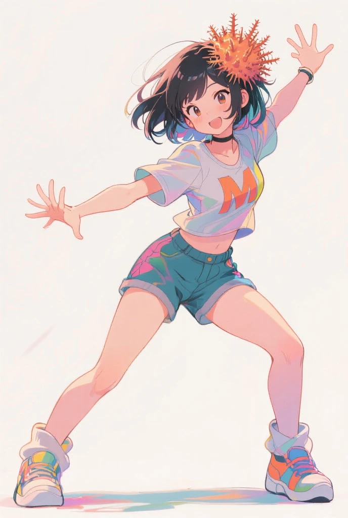 score_9, score_8_up, score_7_up, 1 girl, brown hair, dark green eyes, hourglass figure, smile, t-shirt, miniskirt, sneakers, navel, large bust, dynamic pose, simple background, white background,

