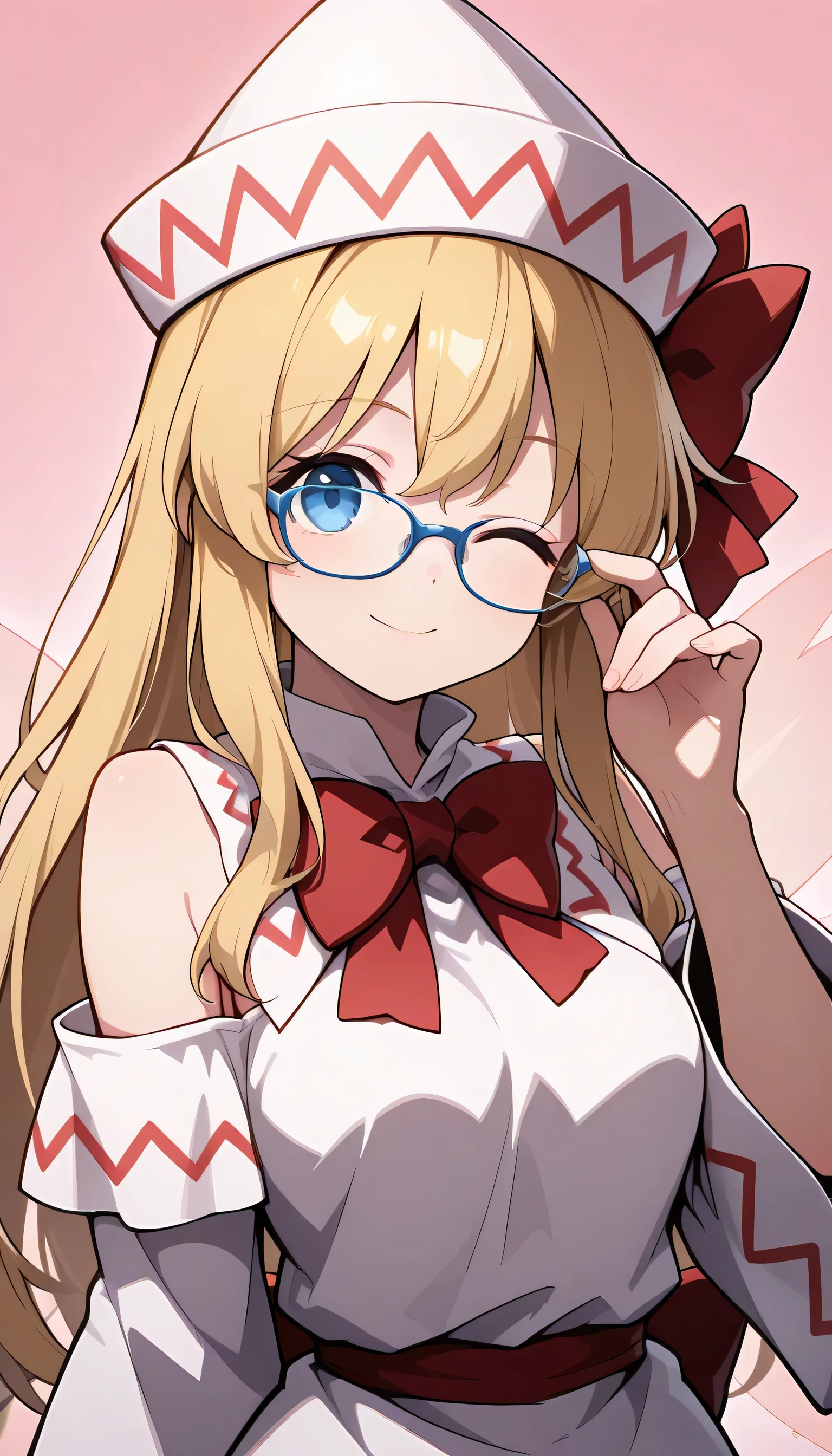 Give your images flat even illumination (negative) or dramatic chiaroscuro lighting (positive).1girl, solo, , one_eye_closed, , glasses,, , smile, blue-framed_eyewear, bespectacled, looking_at_viewer, pink_background, , upper_body, , breasts, , adjusting_eyewear, , bare_shoulders, detached_sleeves, bow, simple_background, ;),lily white, 1girl, solo, blue eyes, blonde hair, long hair, fairy wings,
white dress, white hat, bow, wide sleeves,