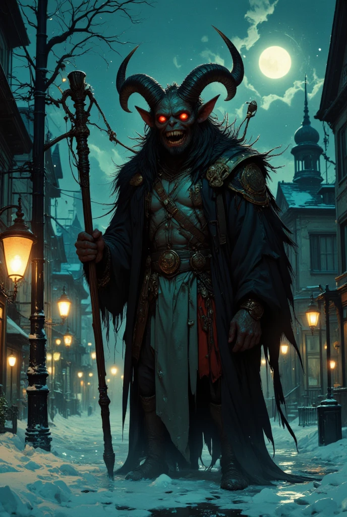 A dark and mysterious evil dwarf with an evil grin walks along a sinister and disturbing street strewn with skulls, behind him a black female shadow with illuminated eyes