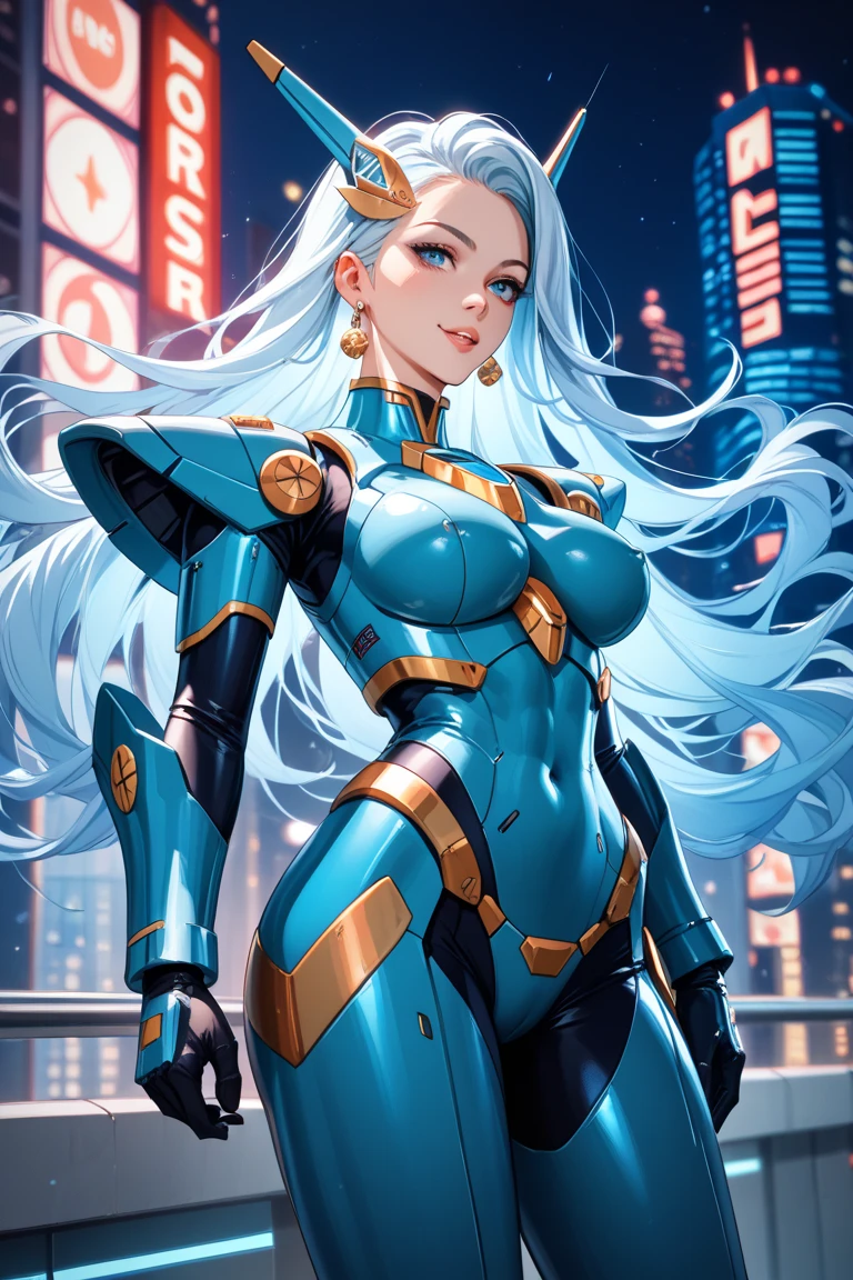 (Masterpiece, Best quality;1.3), Extremely detailed ,Ultra detailed,  1girll,Solo,  double tails,  Large of breast, Evil smile, gundam(RX78), Science fiction, Mecha, , Blue hair, Solo, hair adornments, Long hair, double tails, Gold eyes, jewelry, Earrings, view the viewer,shinjuku city background,Night, many neon signs, Moon base, Detailed dress, Micro Mini Skirt,  From below, Sitting,, Bust Up Shot,