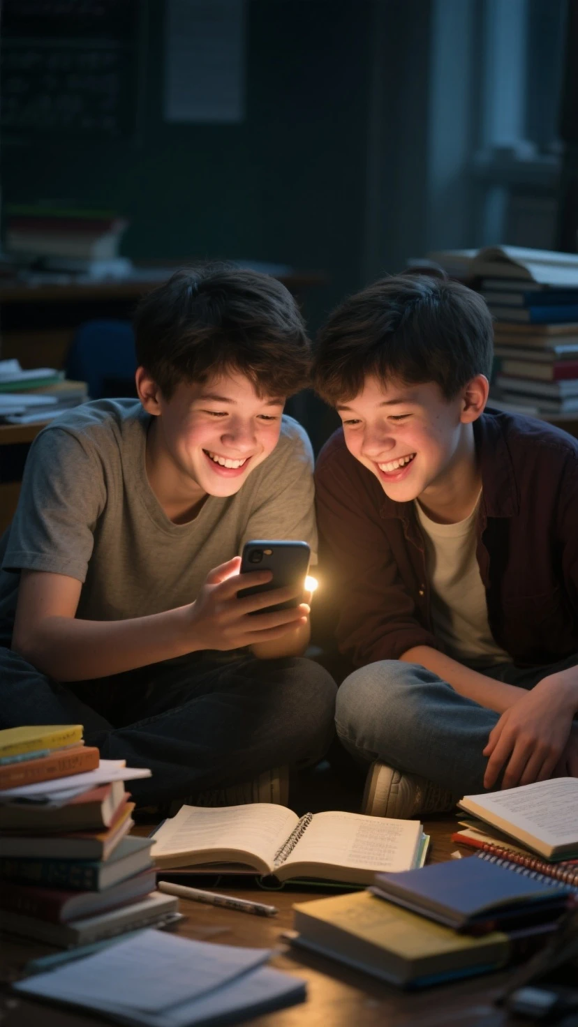 Two teenage boys, Looking at a smartphone in the living room, Disneyピクサーの漫画ポスターを作成する. Are thin, white, Straight hair, long and short, expressive eyes and smiles, Blue Shirt. He's a fat boy., smile, He wears glasses.、Has short brown hair. Depict this scene from the perspective of someone facing the phone, smileでつながりを見せよう. Develop this art in full HD, Focus on the cinematic touch, Disney/Pixar Animation Style Vertical 1920 Create a 1080-size image