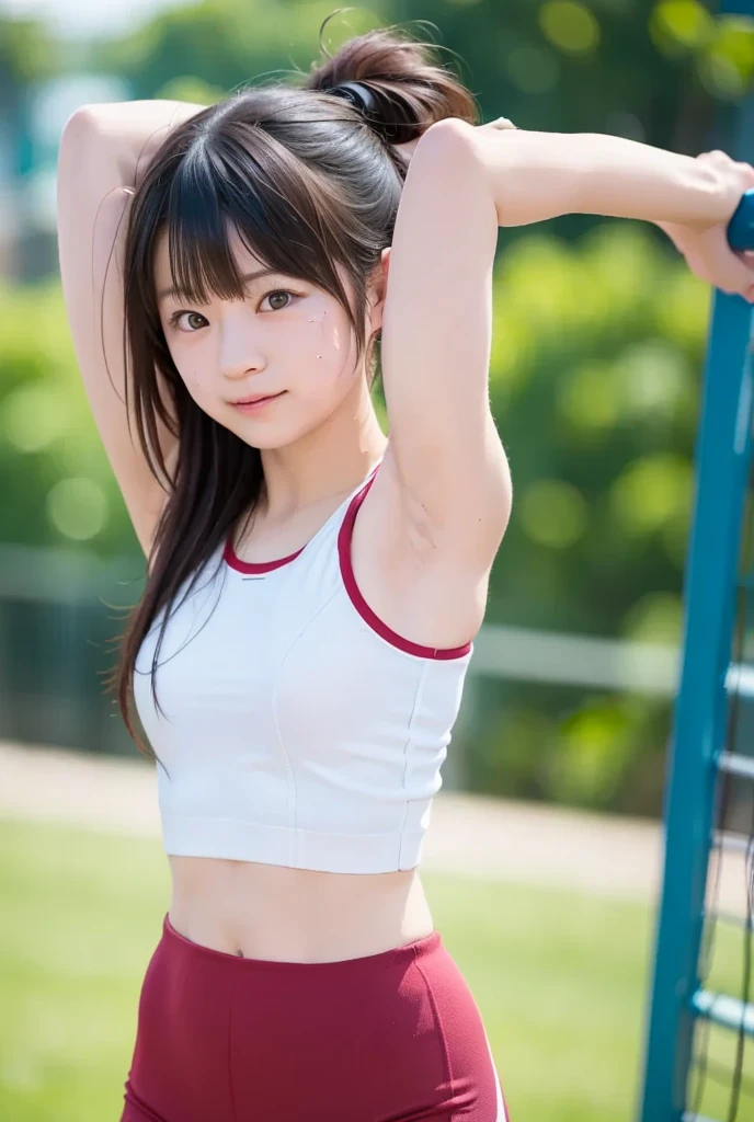 op Quality, Ultra High Resolution, (Photorealistic: 1.4), 1Girls, Japanese female university student, cute、masterpiece、highest quality、Ultra high definition、colorful、flat colors、Depth of bounds written、black hair、ponytail、touch of detail、dense cloth texture、beautiful facial details、18 year old beauty、(Facing forward, legs wide apart, crotch visible、Squat with your knees spread to the sides、put your hands behind your head、Show your armpits with armpit hair:1.2)、atmosphere、well-groomed face、smile、The whole body of the subject is reflected、track and field athlete、Racing Top、bloomers、slender body shape、outdoor athletics stadium、NSFW、Two arms、