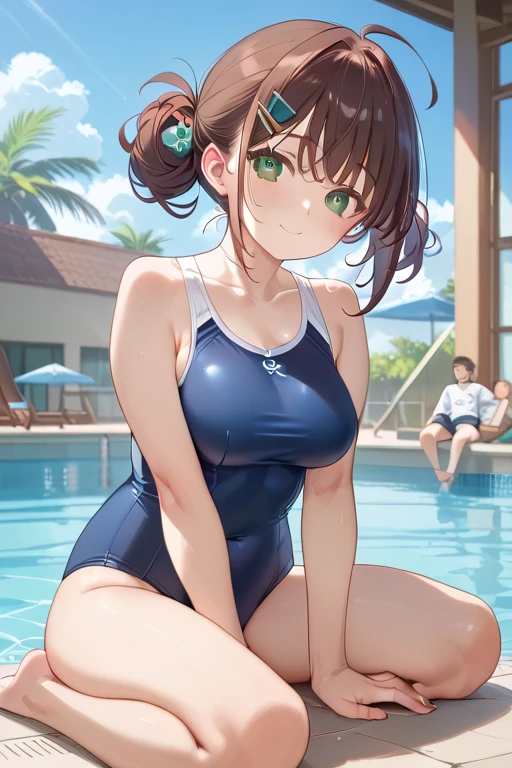 nozomitoujou, nozomi toujou, green eyes, brown hair, curly hair, large breasts, masterpiece, best quality, high resolution, beautiful detailed eyes, extremely detailed face, good lighting, detailed CG, messy hair, one piece swimsuit, indoor pool