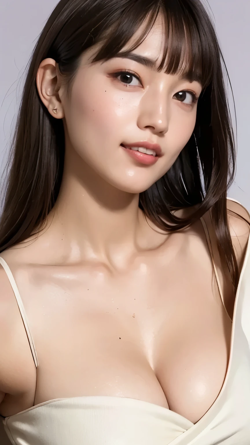 best quality, realistic, photorealistic, award-winning illustration, (intricate details:1.2), (delicate detailed), (intricate details), (cinematic light, best quality Backlights), clear line, sharp focus, official art, unity 8k wallpaper, absurdres, incredibly absurdres, huge filesize, ultra-detailed, highres, extremely detailed, extremely delicate and beautiful, RAW photo, professional lighting, dynamic lighting, light on the face, depth of field, solo focus, full body, long legs, thin waist, slender, a 26 years old woman, (brown hair:1.2), brown eyes, smaller head, fashion girl, beautiful eyes, (medium breasts:1.2, small areolae), cute angel face, real face, real skin, realistic face, realistic skin, detailed eyes, detailed facial features, detailed clothes features, (fashion clothes:1.3), (fashion hairstyle: 1.3) dynamic poses, looking at the viewer, simple background, smile, detailed face, detailed breasts,(pureerosface_v1:0.53), (ulzzang-6500:0.33), lightroom, nsfw