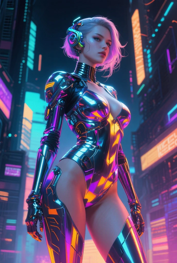 A futuristic girl with metallic skin and glowing neon hair, surrounded by a bustling cityscape. Rendered in a sleek, digital style.

