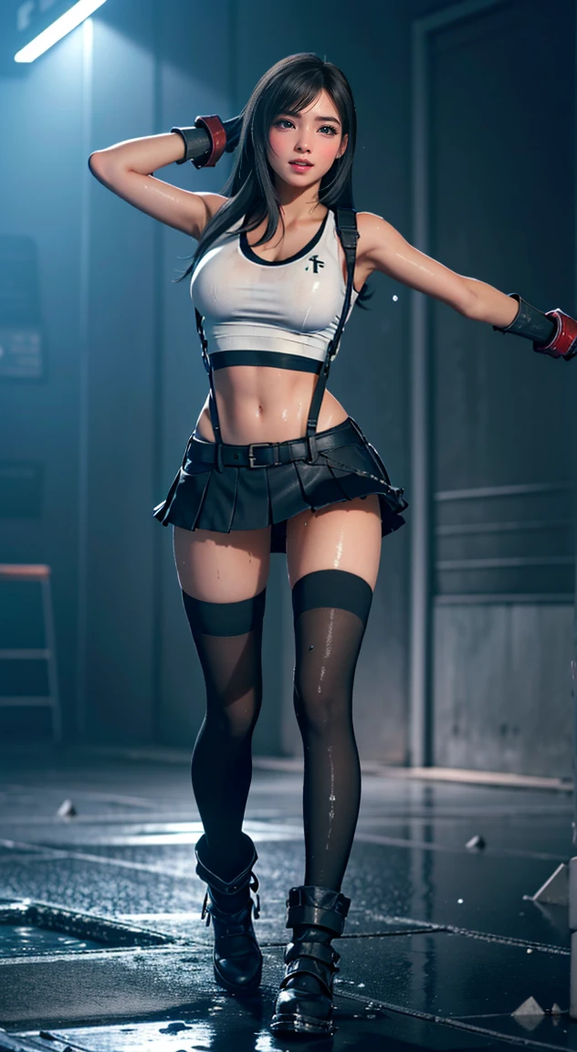 Tifa Lockhart, usando regata branca, Wearing black mini skirt with suspenders, usando bota preta