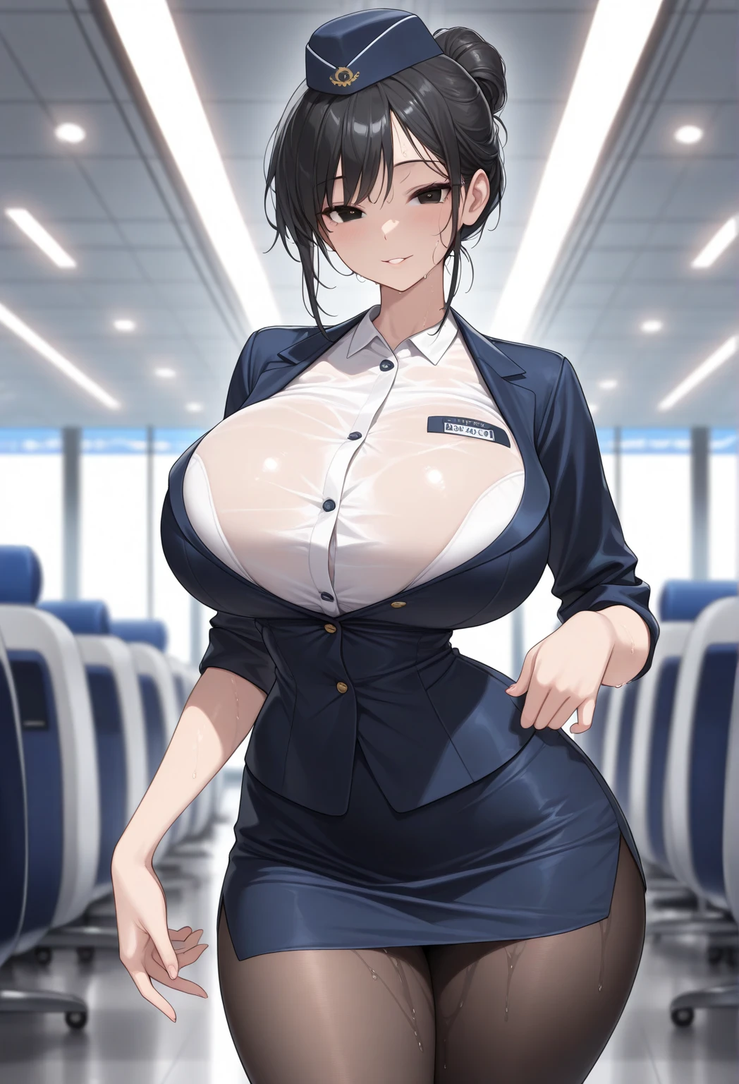 Stewardess, y body, bigleavage, big ckings, garter belts, smiling, beautiful face, detailed face, very detailed eyes, long black hair, blue eyes, full body, high quality, airport, detailed background, high resolution, airport check-in counter
