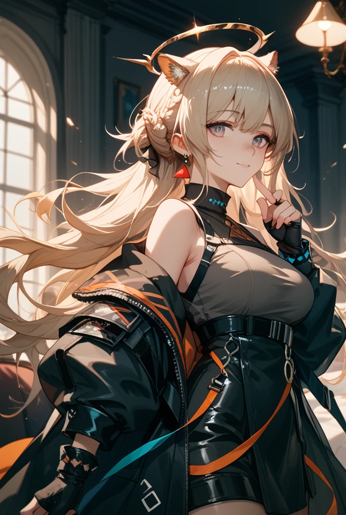 最high quality、Best image quality、masterpiece、girl((18-year-old、 By becoming、Best Bust、Medium Bust,Wide open breast tea、Red glowing eyes,Blonde、Disheveled Hair、Twin tails、thin,The highest valley、Open chest、Luminous Wristbands、hat、hair ornaments、luminous necklace、Black sleeveless hoodie(1:2)、Blue short skirt、Disheveled clothing、Show the whole body,Low - Angle、Hacker-like、sweating、lure、Black cute mask、Leaning against a wall、Black scarf、Holding a Japanese sword、Sad face、Chain Accessories、handcuffs)),high quality、Beautiful art、background((Black Room、Black Wall、Black furniture、Big black TV、Black PC、red paint))、Flight、Flying debris、Written boundary depth、movie、Visual Arts、Perfect art、8K,Genuine,