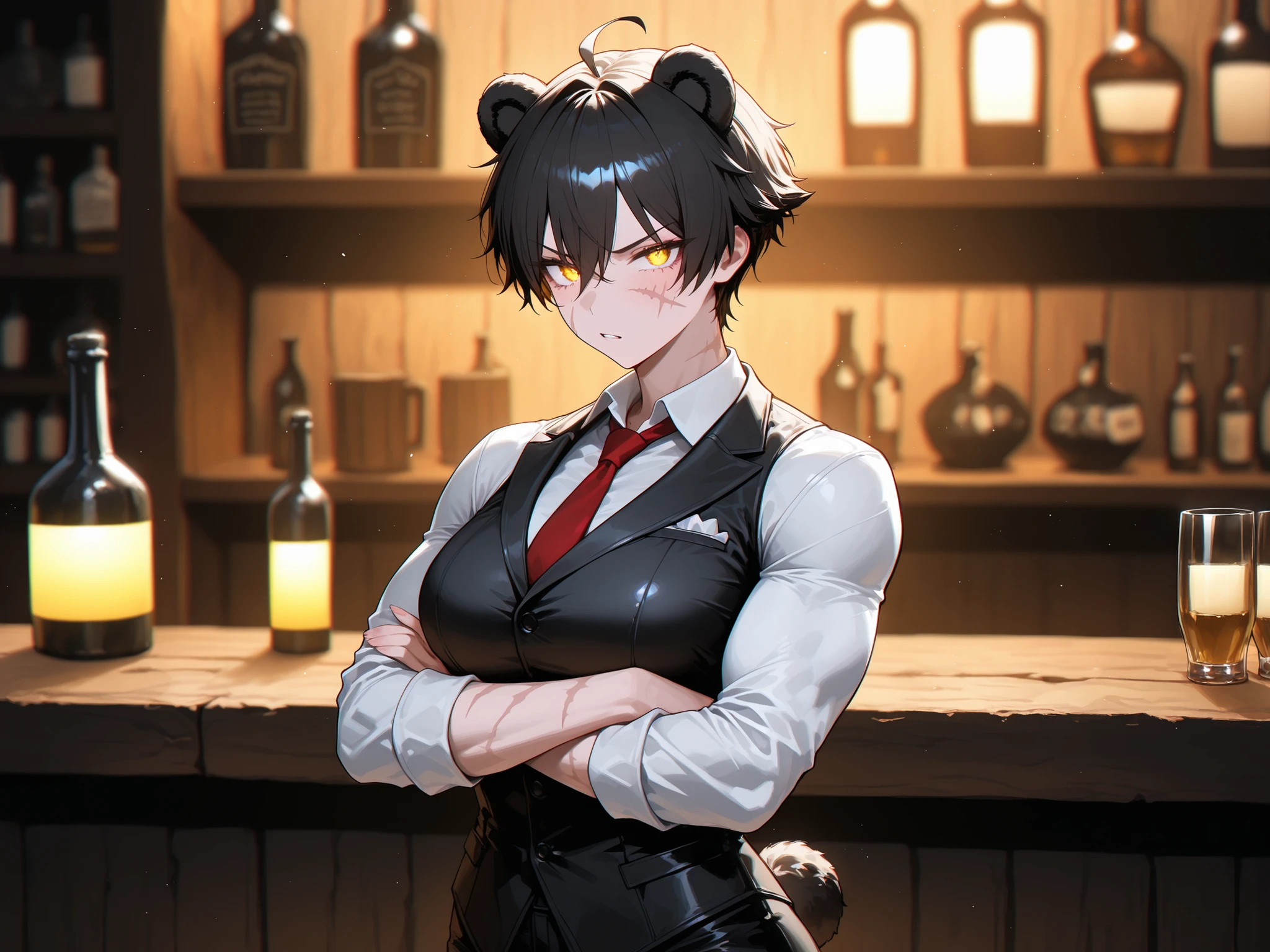 masterpiece,best quality,amazing quality,ultra-detailed,very aesthetic,sharp focus,depth of field,vibrant colors,ray tracing,best lighting,detailed illustration,detailed background,cinematic,beautiful face,(EyesHD:1.2),beautiful eyes,solo_female,anthro black bear,bear ears,bear tail,glowing gold eyes,tomboy,muscle,wearing a three-piece suit,red tie,fantasy tavern background,wood tavern background,bartender,[scar on left cheek],arms crossed,annoyed,standing,