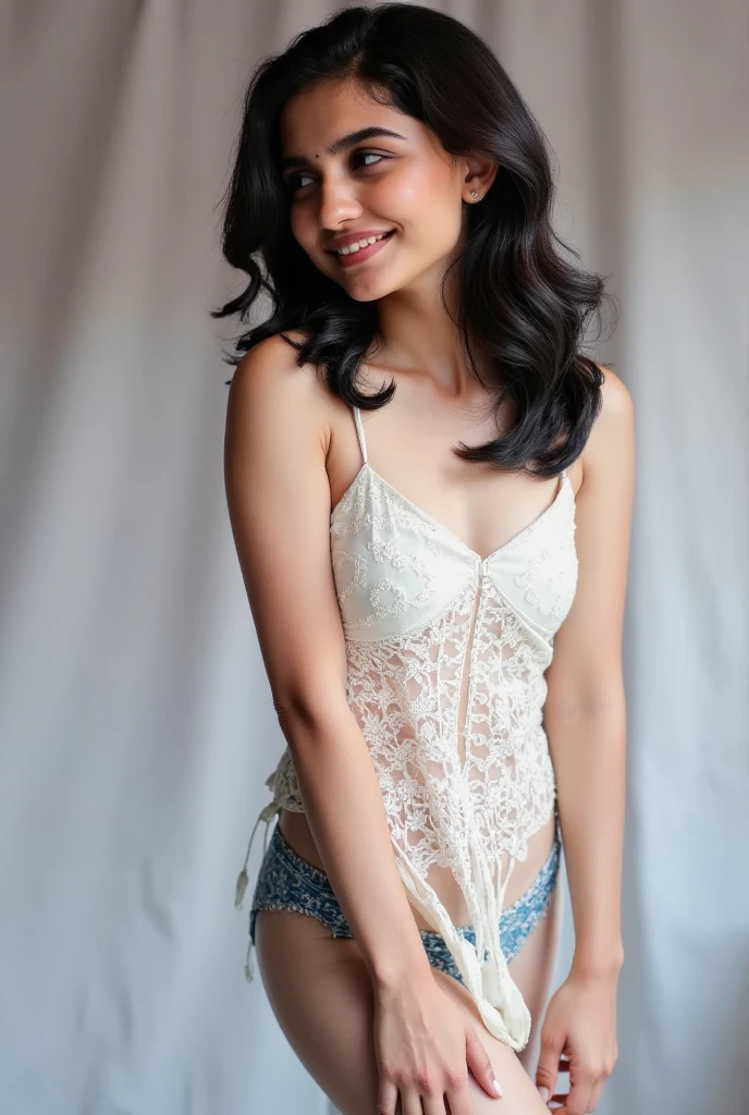 Sweet beautiful Bogor city girl, georgeus face, 25 years old, slim body, roman nose, wavy black hairs with a bangs, descent mixed from sundanese and javanese, wearing white thin low waist full see through lace trousers, wearing thin see through long sleeve white buttoned lace dress, hairy vagina exposed clearly through the trousers, wearing high heels, no panty, no bra, very realistic, very detail, running cheerful in the sunny morning, very cute laughing, her body and her messy dense pubic hairs are exposed through the clothes, sun shining her body through the clothes, from top of head to the toes are visible, very hard qind that blowing everything,