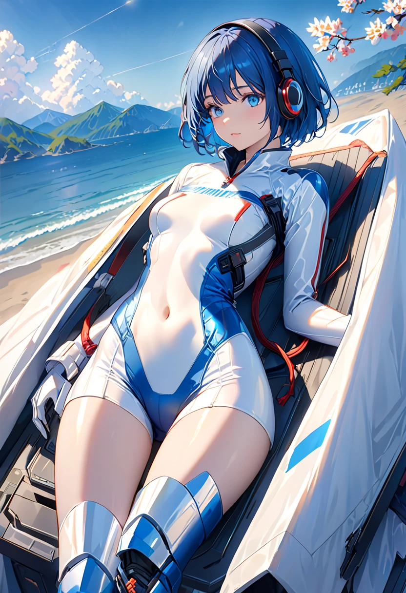 Please draw an illustration of a scantily clad woman driving an open-top car along a road by the sea.。The woman is relaxing with her hair blowing in the wind.、The blue sea and clear sky are in the background.。