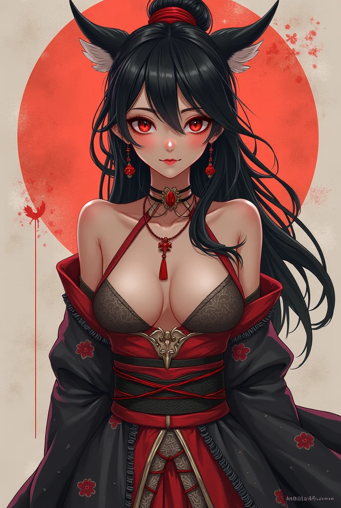 ((Highest quality)), ((masterpiece)), (be familiar with),One female,Black Hair,Red eyes,Black Dress,Chest tattoo, Uterus tattoo,Bewitching Smile,Heel,Black Hair,Hair tied around the neck,Red shawl,Erect nipples,(whole body),Slanted Eyes