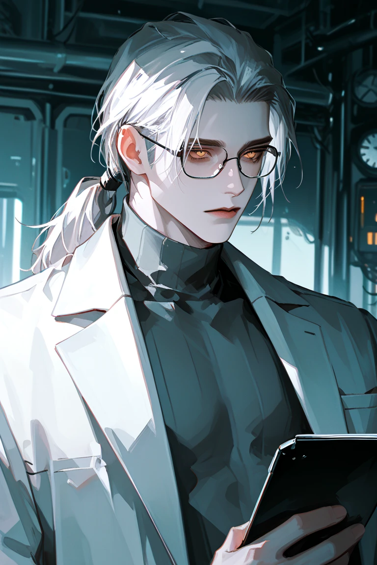 score_9 , score_8_up , score_7_up , source_anime, masterpiece, better quality, amazing quality, hyperdetailed, newest , is very aesthetic, highly detailed image, detailed eyes, high detail eyes, Semi-realism art, Semi-realism art style, Mature, 1 Man, Male android, Solo, Scientist, Male features, White hair tied in a waist-length long ponytail, Fake glasses, Yellow iris with white pupils, Reading the notepad close to his , Pale artificial skin, White scientist coat, Gray turtleneck shirt, Experiment hospital background, Close-up portrait