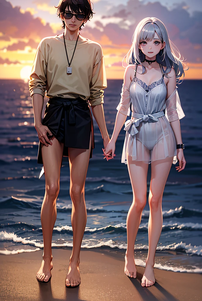 Two teenagers in wet white clothes partying on the beach