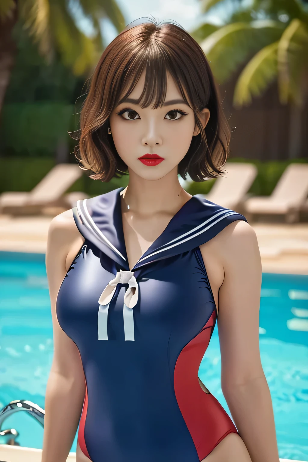 Highest quality, photo realistic, high resolution, masterpiece, colorful to keep.
Upper body.
Super beautiful woman, looks like a intimidating dominatrix, closed mouth, condescending gaze, (staring at the viewer:1:2), makeup, light red lips, short wavy hair, big breasts.
(Sailor swimsuit:1.3) , thighs.
Pool, daytime, sunshine.