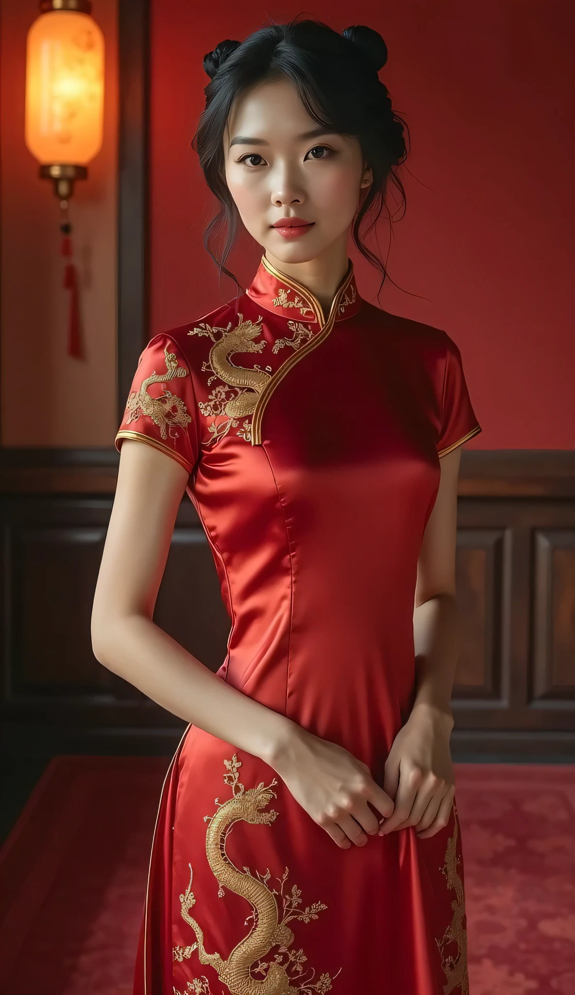 "A young girl，Wearing a crystal headdress on a water-patterned bead curtain，wearing a red cheongsam，The clothes are fluttering，The waist-hip part ratio is 0.8，Beautiful and decent，Paired with the charm of Chinese architecture in the background，It looks particularly calm and dignified。"