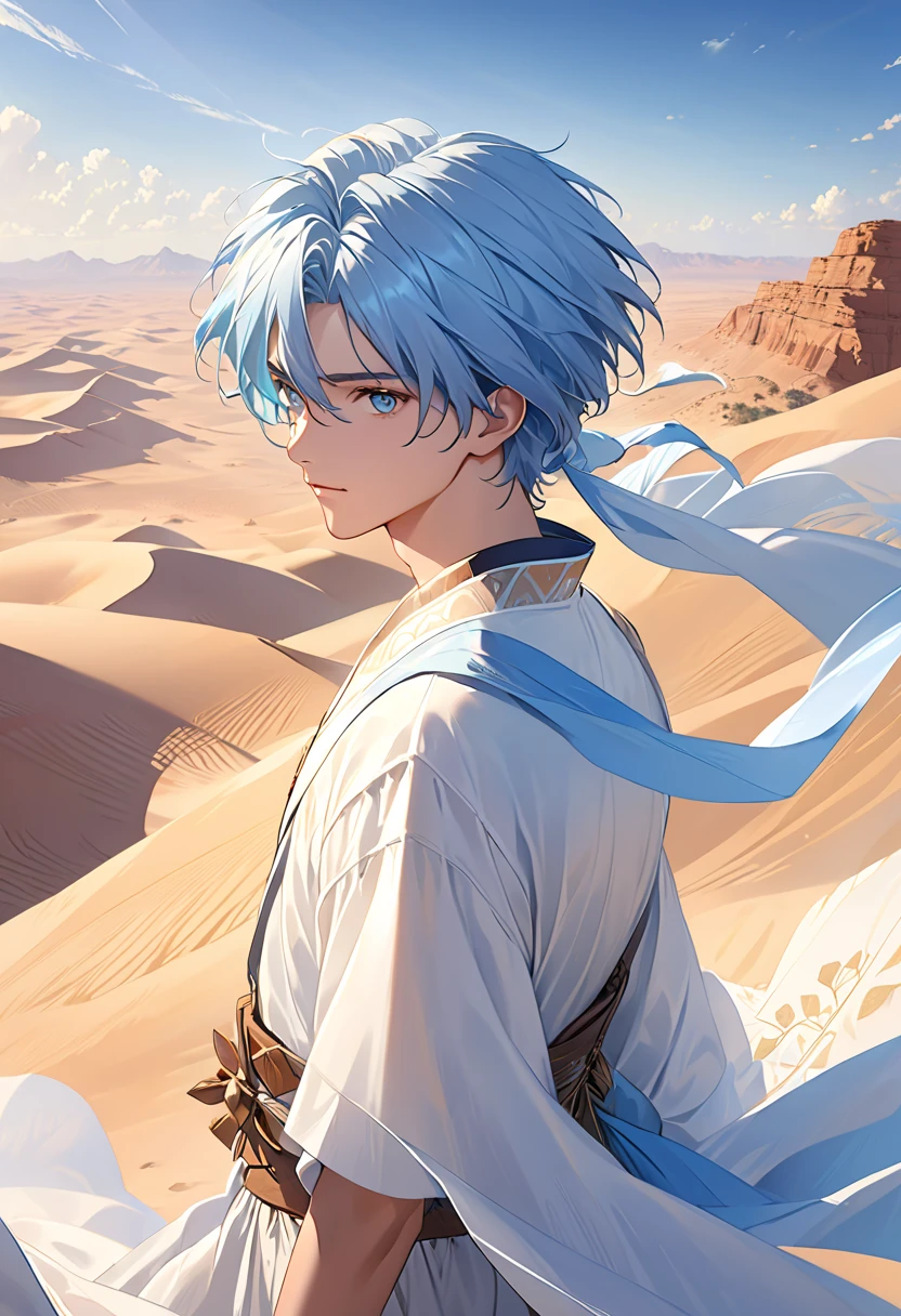 Beautifully designed, high qualiy, ultra-detailed CG illustration of a young man with a serene expression, looking into the distance with her stunning light blue hair blowing gently in the desert breeze. The scenery behind him is vast and breathtaking, drawing viewers into a world of wonder and exploration.
