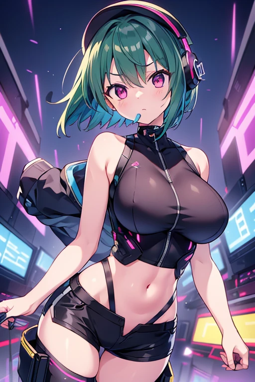 (anime artwork, anime style, studio anime, very detailed, up to date, vibrant, Anime Coloring, high contrast, masterpiece:1.2, best quality, best aesthetics),1 girl,cyber punk clothes, Medium chest, A glimpse of thighs,cyber punk hair, One eye is hidden by the bangs, perfect proportions, high detail skin, Cute, detailed faces,cyber punk cafe,sit, applying makeup, large breasts, cutout between underboob and shirt,very short pleated miniskirt,makeup, smart phone,
