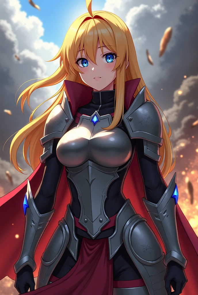 (masterpiece, best quality, detailed), 1girl, solo, TohruDragonMaid_NDV, blonde hair, large breasts, long hair, horns, multicolored hair, slit pupils, orange eyes, looking at viewer,
armor, breastplate, armored dress, cape, bodysuit, full armor, knight, gauntlets, pauldrons, ruins, overgrown, rubble, pillar, outdoors, building, light rays, fog, hands on hips, smug, v-shaped eyebrows