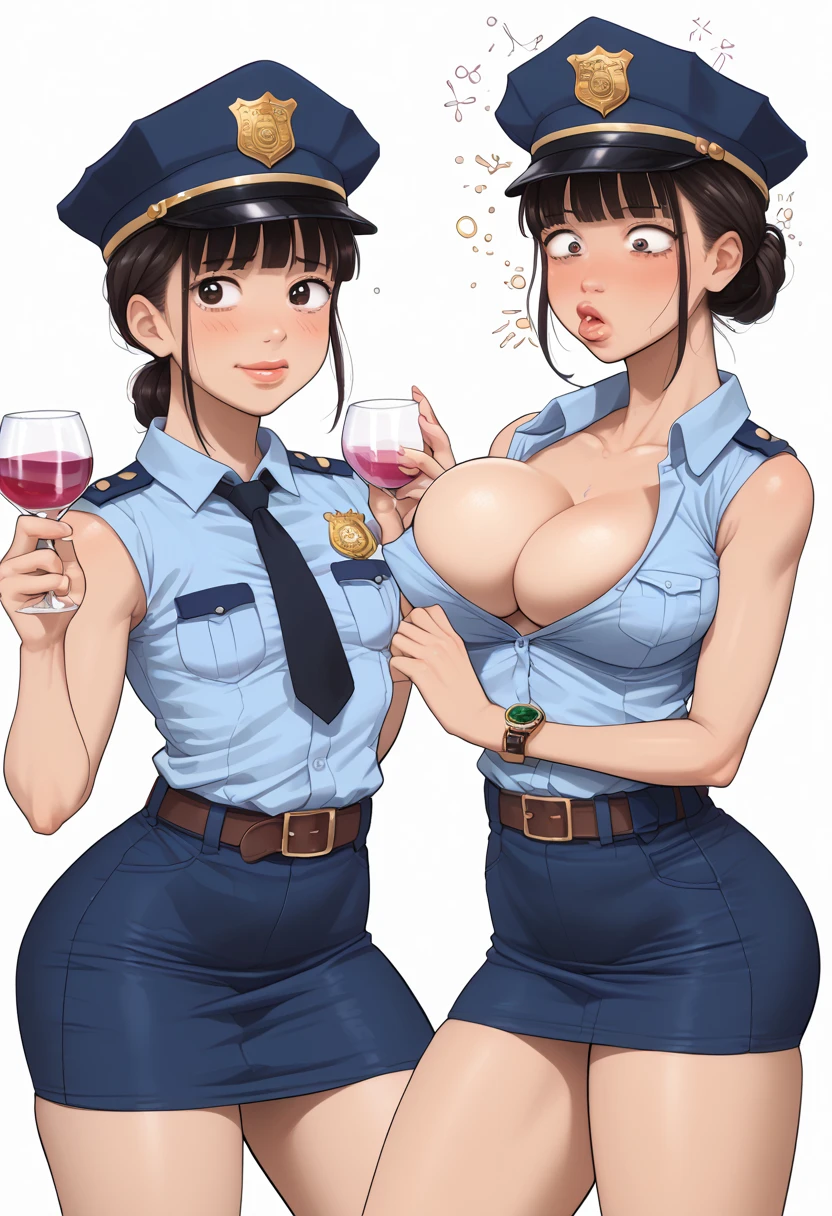 Japanese beauty naked,Police Belt,Watch on wrist,Being drunk,Hiccups、Standing in front of a white wall、Shot from the knee