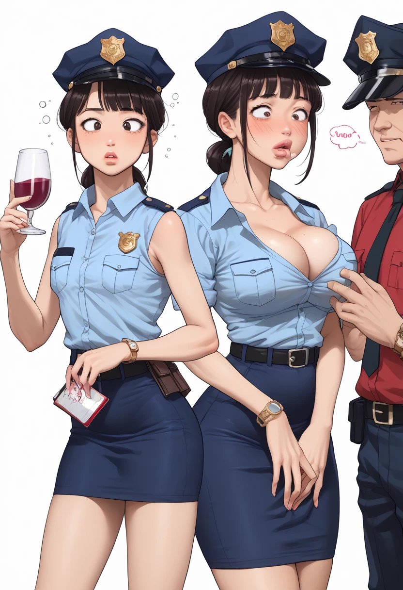 nari hugging with ugly fat old man in orange suit , blue eyes, black hair, short hair, big breasts,big silver cluster. earrings ,hair ponytail , lipstick , police uniform