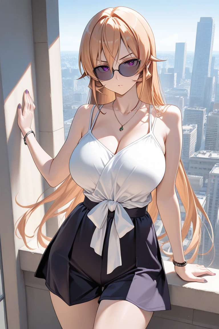 <lora:Sophie_SW:1> Sophiedef, blonde hair, long hair, purple eyes,
masterpiece, best quality
hoop earrings, sky, cleavage, choker, plaid, shirt, 1girl, collarbone, outdoors, cloud, tree, jewelry, black choker, high-waist skirt, skirt, lamppost, large breasts, strapless, jearrings, breasts, building, solo focus, closed mouth, thigh strap, sleeveless