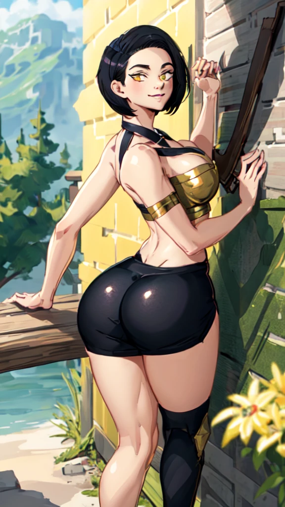 Masterpiece, digital 2D artwork, South Africa, A gorgeous curvy African woman, tank top, huge breasts, booty shorts, soldier woman, wide hips, serious, blushing, short hair, stylized dreadlocks, volumetric lighting, highly detailed, hyper detailed face, perfect clear eyes, long eyelashes, waist, navel, rays of light, army tags, army cap, anime style, 2D toon style,