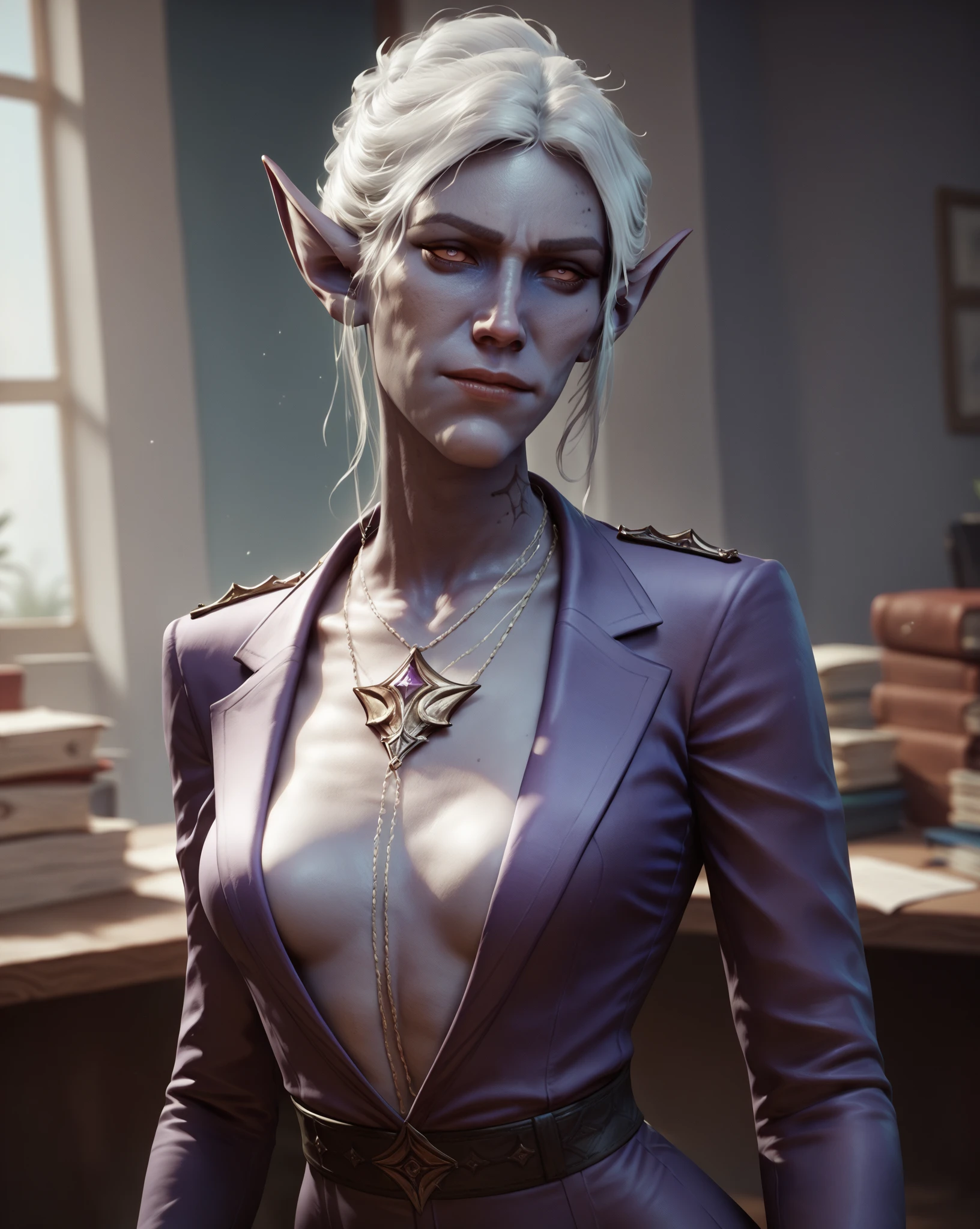 minthara, 1girl, solo, pointy ears, elf, colored skin, red eyes, blue skin, realistic, drow, white hair, mature, skin complexity, <lora:Minthara_Baenre_-_Baldurs_Gate_3:0.8>
BREAK
level_9, level_8_up, level_7_up, source_cartoon, masterpiece 
BREAK
 <lora:age_slider_v4:3.5>
BREAK
dress, small breasts, long dress, elegant, simple dress